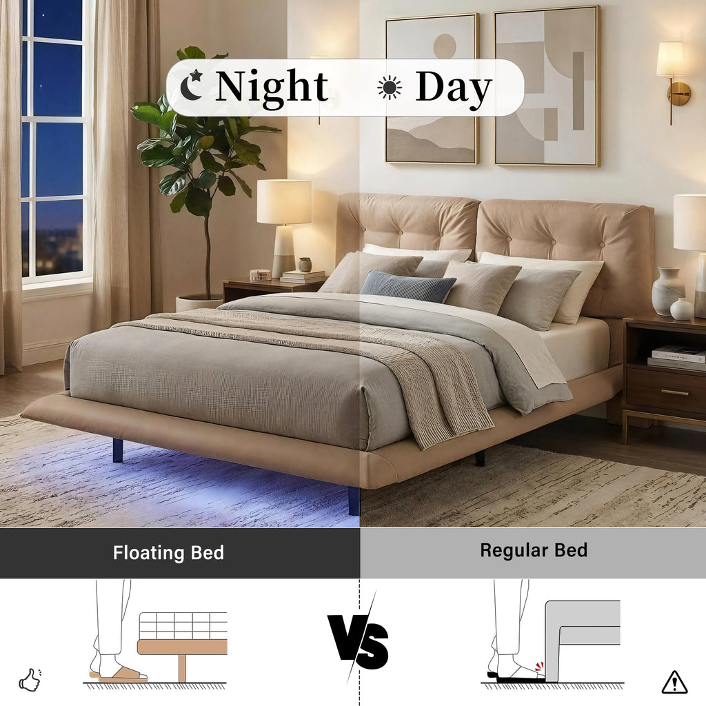 Queen Size Upholstered Floating Bed Frame with LED Lights