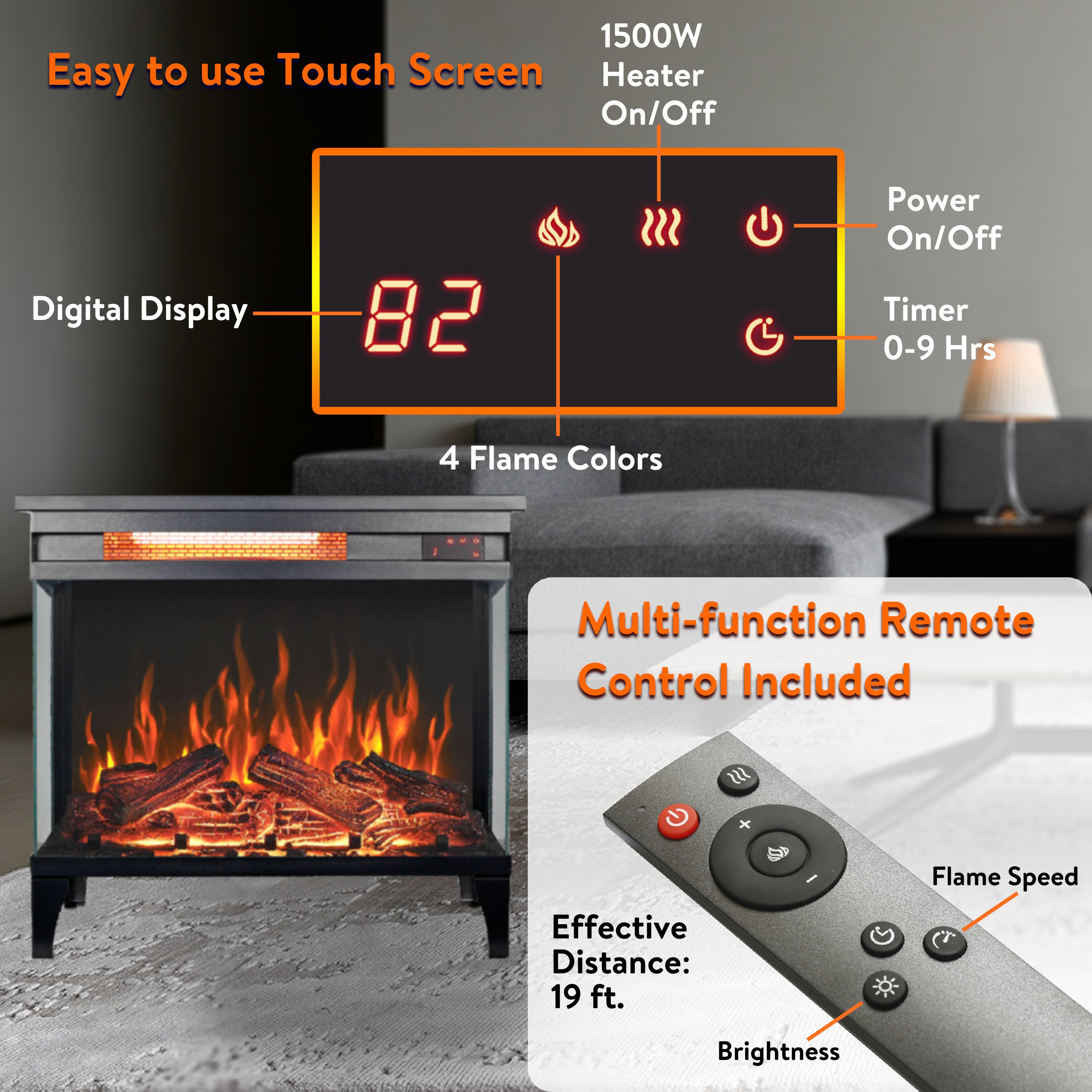 24 Inch Three Sided Glass Electric Fireplace with Feet