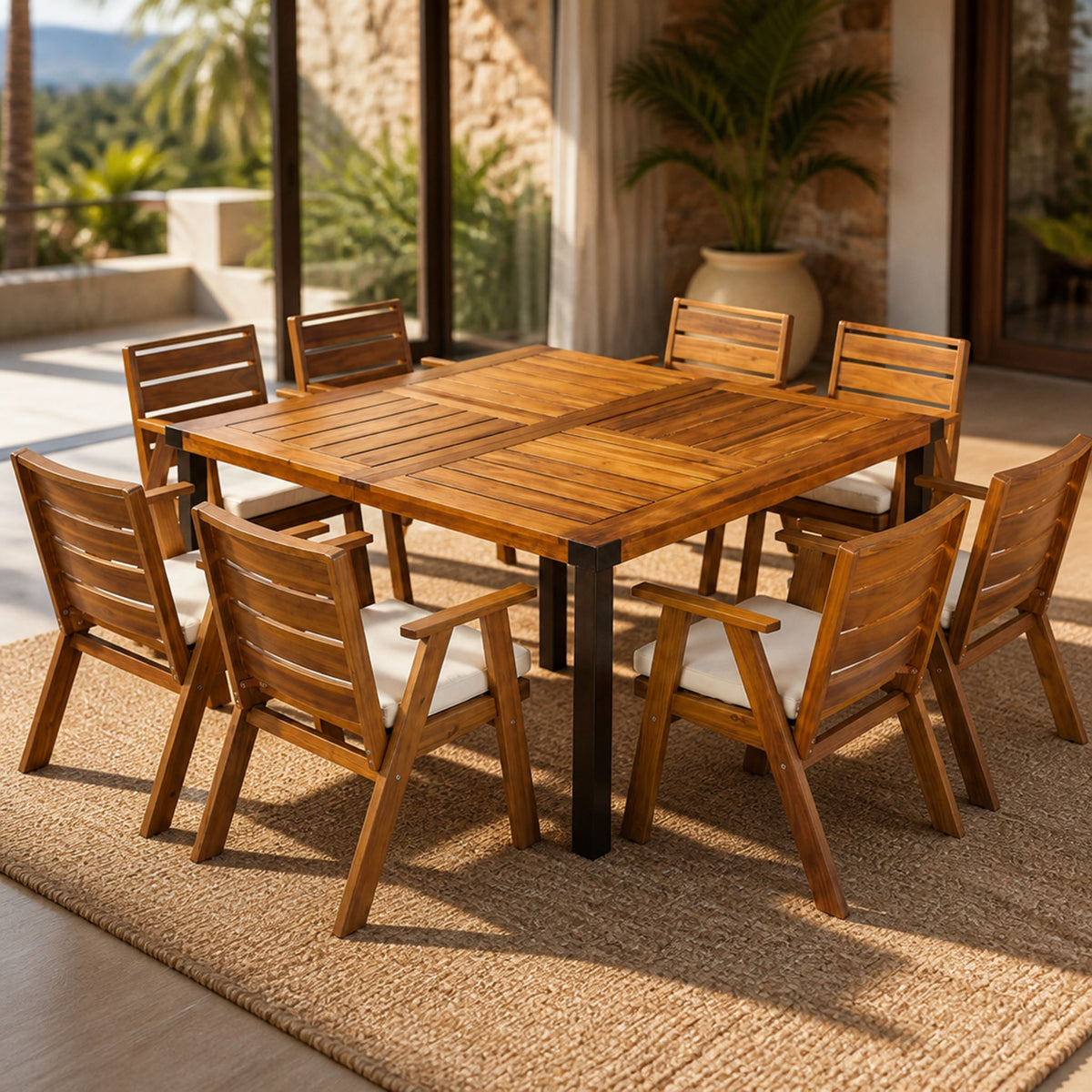 9-Piece Acacia Wood Outdoor Dining Set, 64-Inch Square Table, Teak Finish with Beige Cushions