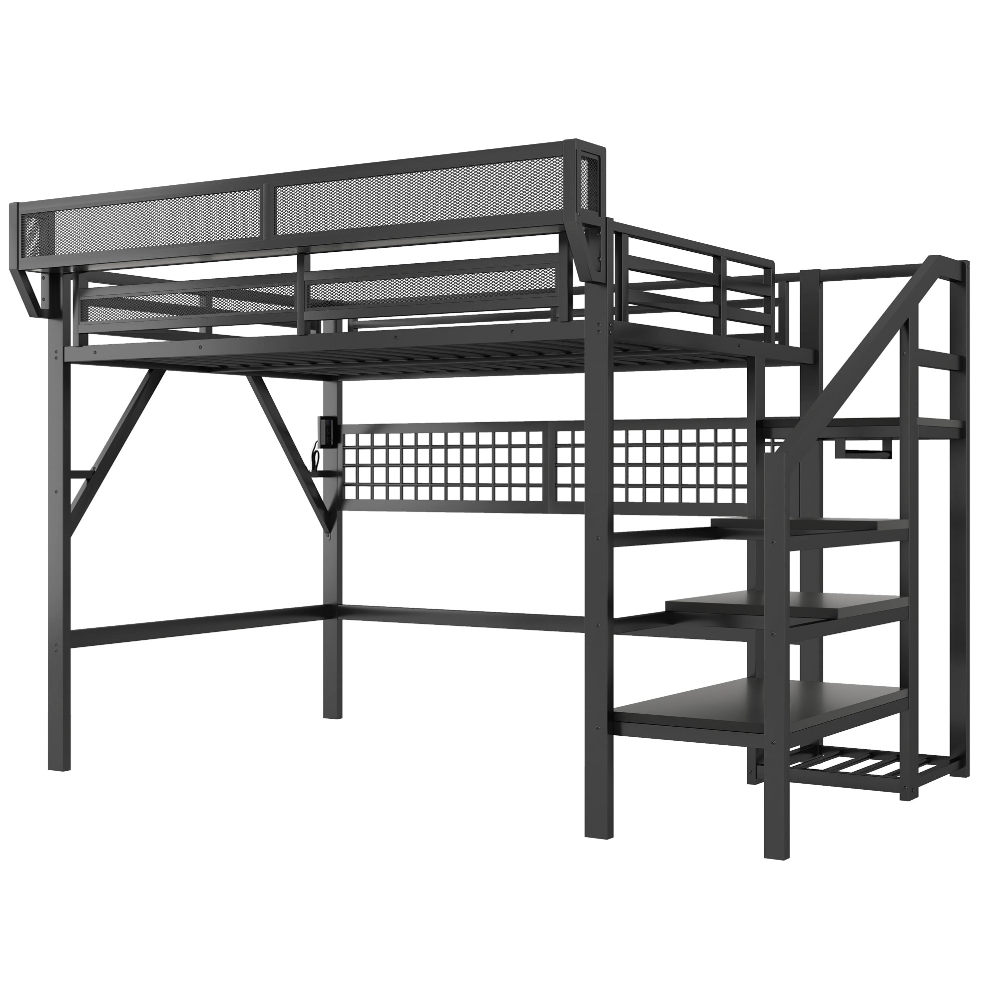 Queen Size Loft Bed with Stairs, Light, and Storage
