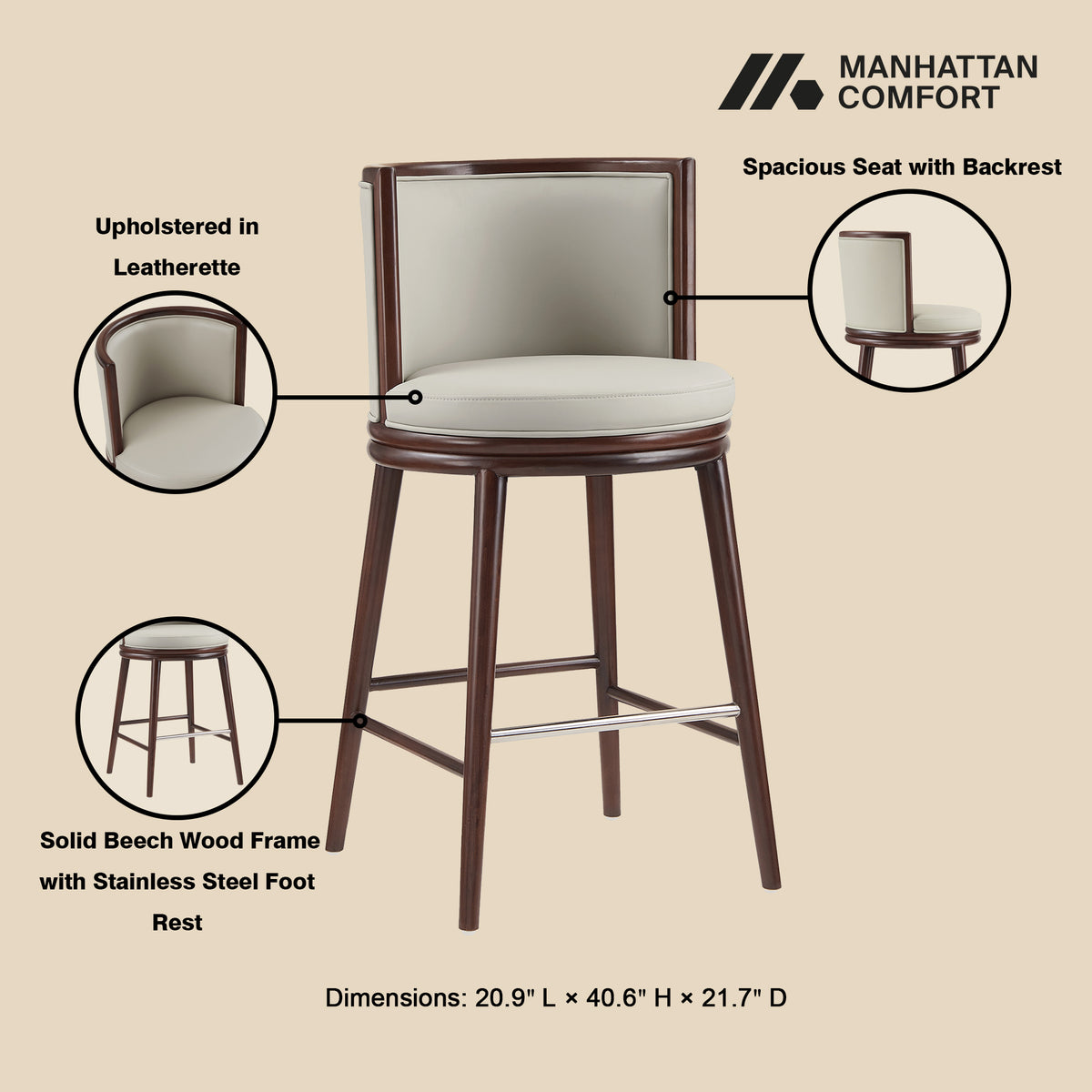 Evalyn Wood Upholstered Barstool in Stone
