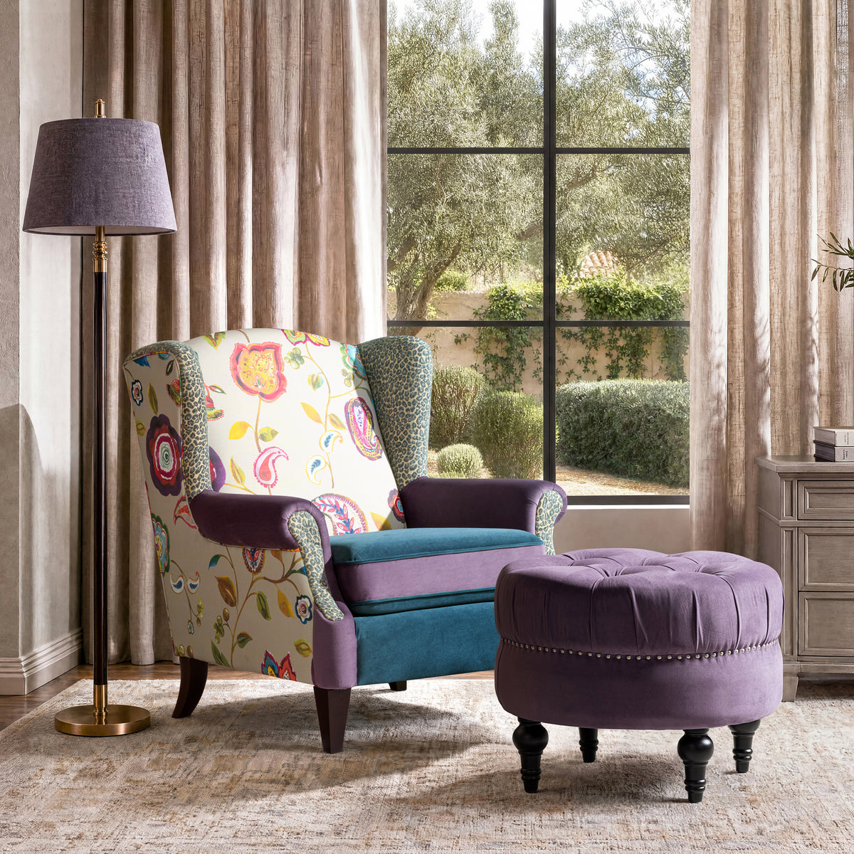 Dawn Tufted Round Ottoman Nailhead Accents
