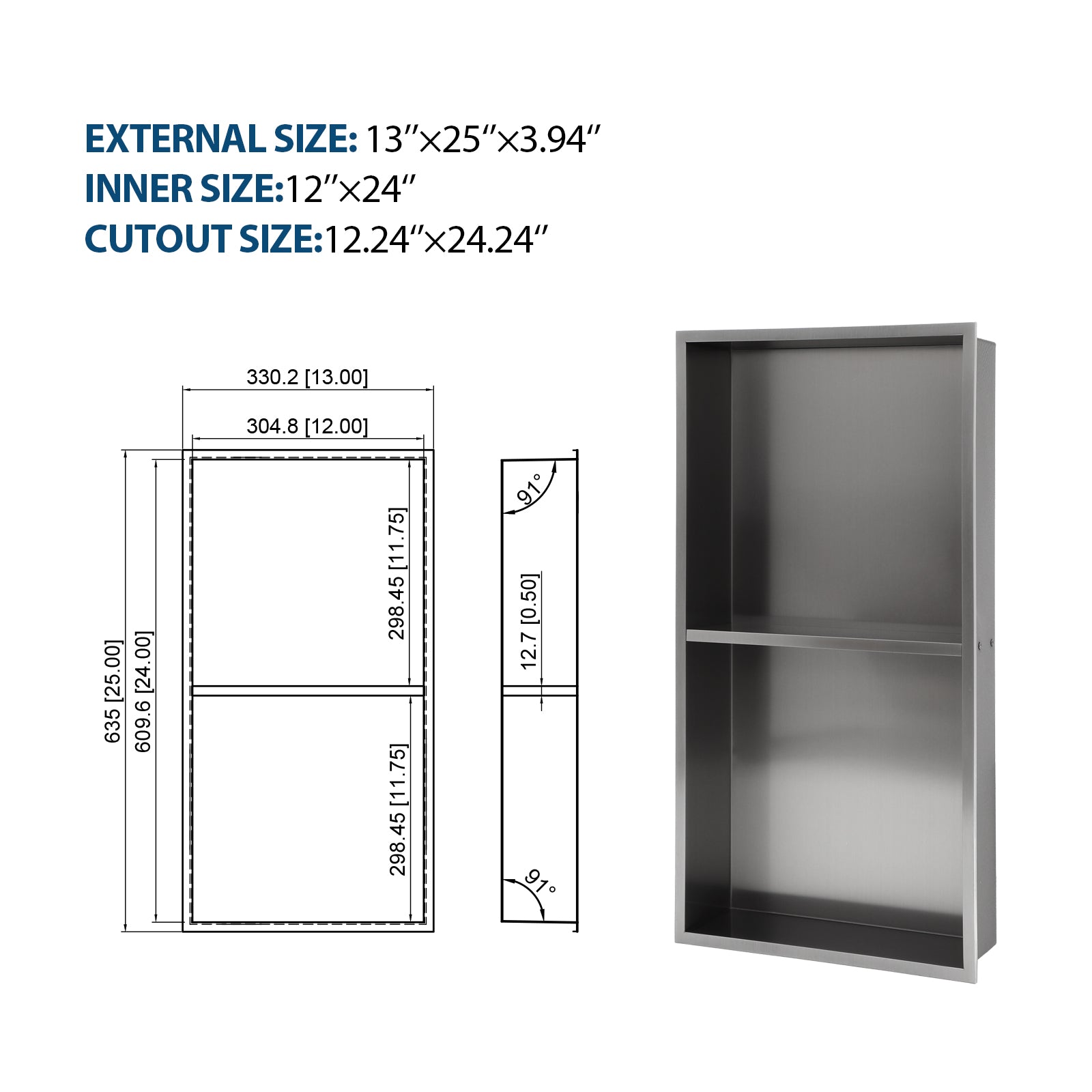 Stainless Steel Shower Niche Double Shelf - Gunmetal Finish