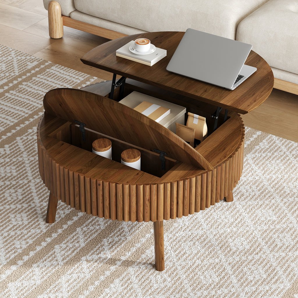 Modern Round Lift-Top Coffee Table with Half Flip-Top & Hidden Storage