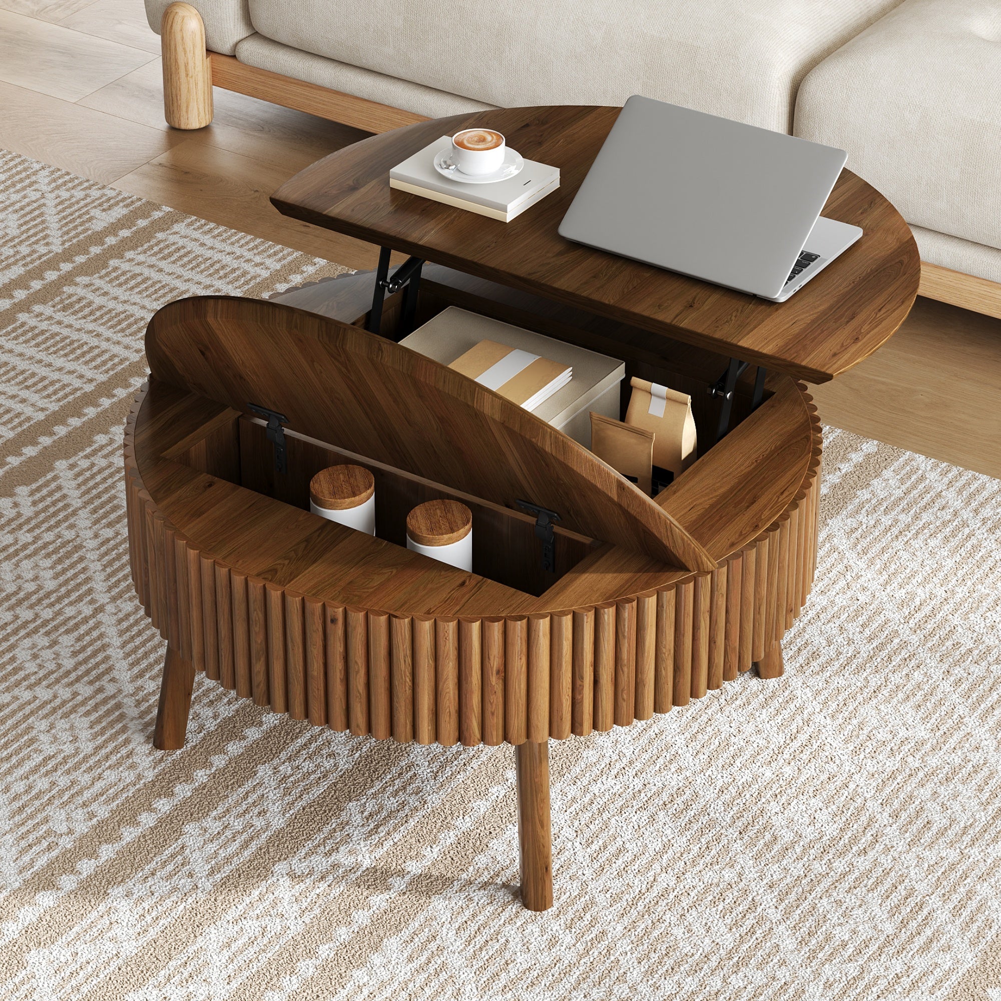 Modern Round Lift-Top Coffee Table with Half Flip-Top & Hidden Storage