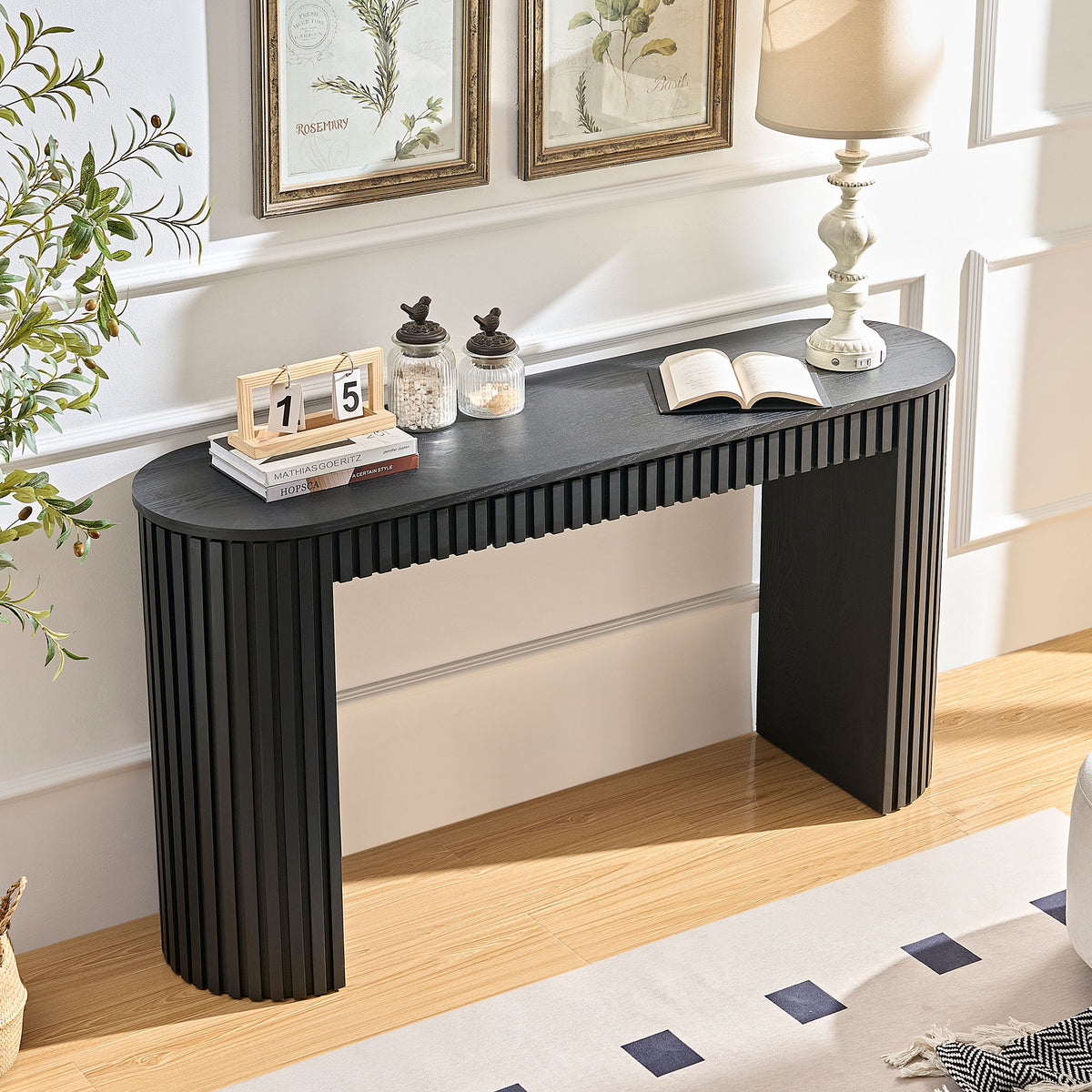Modern Console Table with Drawer, 59-Inch, Vertical Stripe Design, Black
