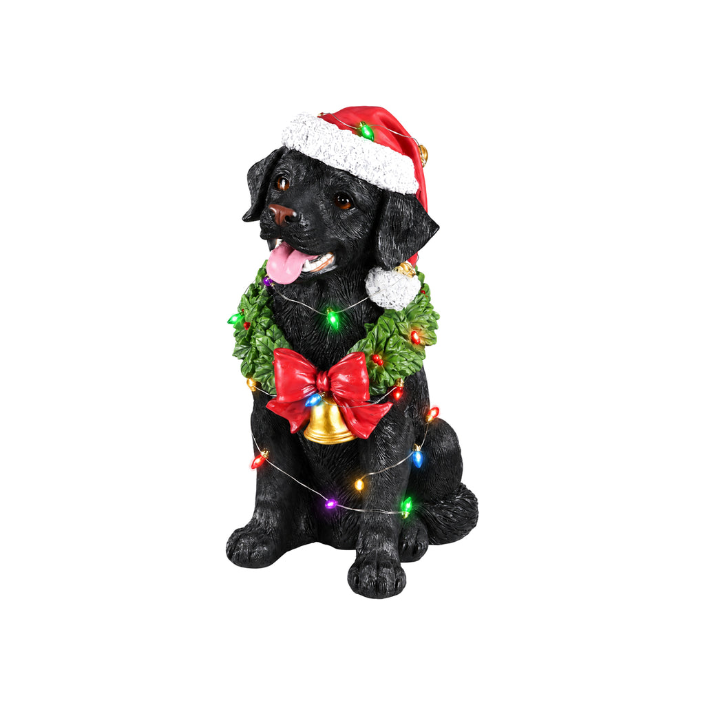 Lighted Christmas Labrador Retriever Dog Statue, Santa Hat, Black