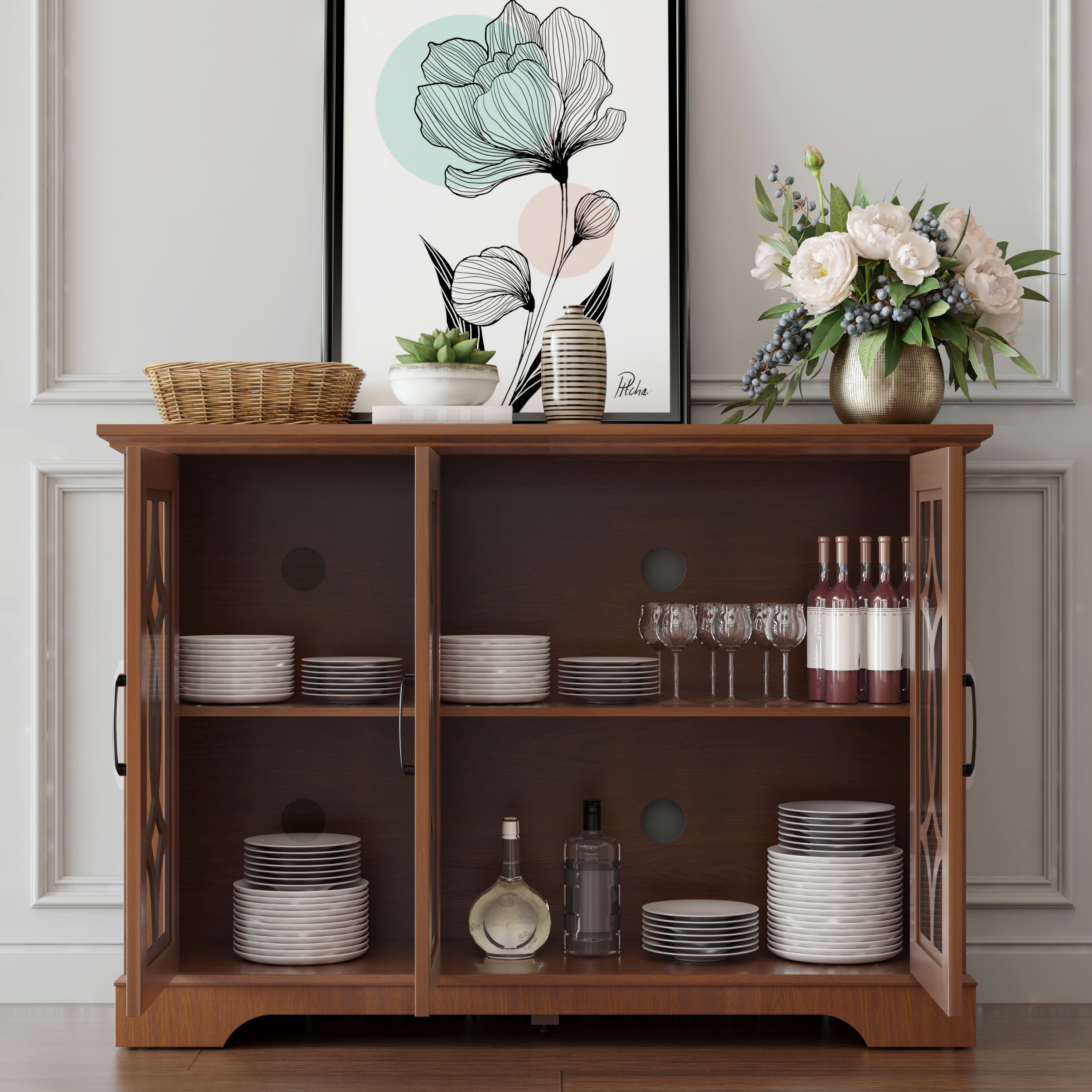 Spacious Size Sideboard with 3 Clear Tempered Glass Doors
