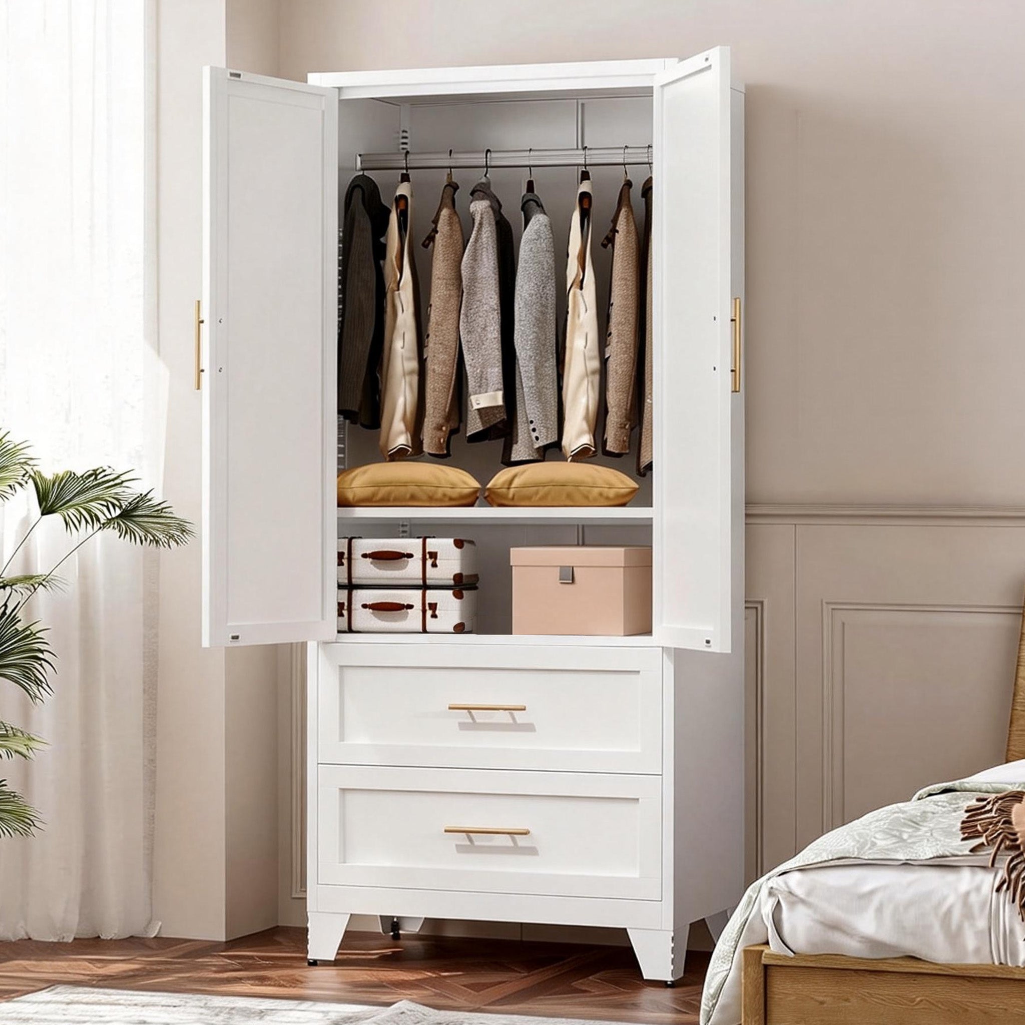71" Tall Metal Wardrobe Cabinet with 2 Drawers and Hanging Rod