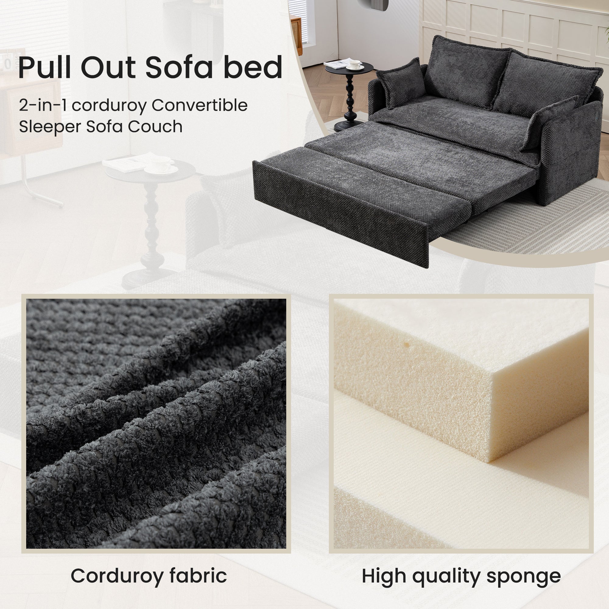59.5" Ergonomic Sofa Bed with Storage & Charging