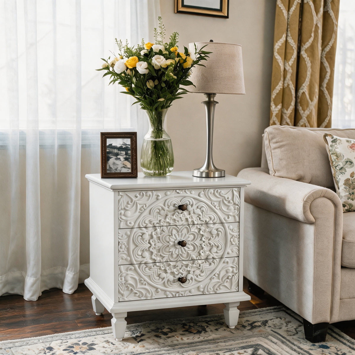 Carved Wood Nightstand with 3 Drawers, White Farmhouse Style