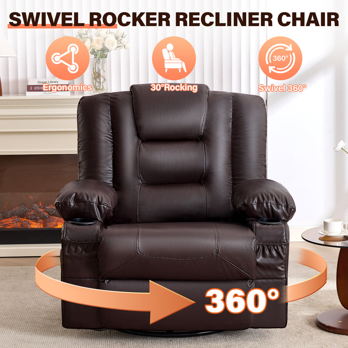 Rocker Recliner Chair with Massage and Heat for Adults,, 360°Swivel oversize recliner chair with Cup Holders, USB Charge Port, Side Pockets for Living Room,Nursery,Bedroom