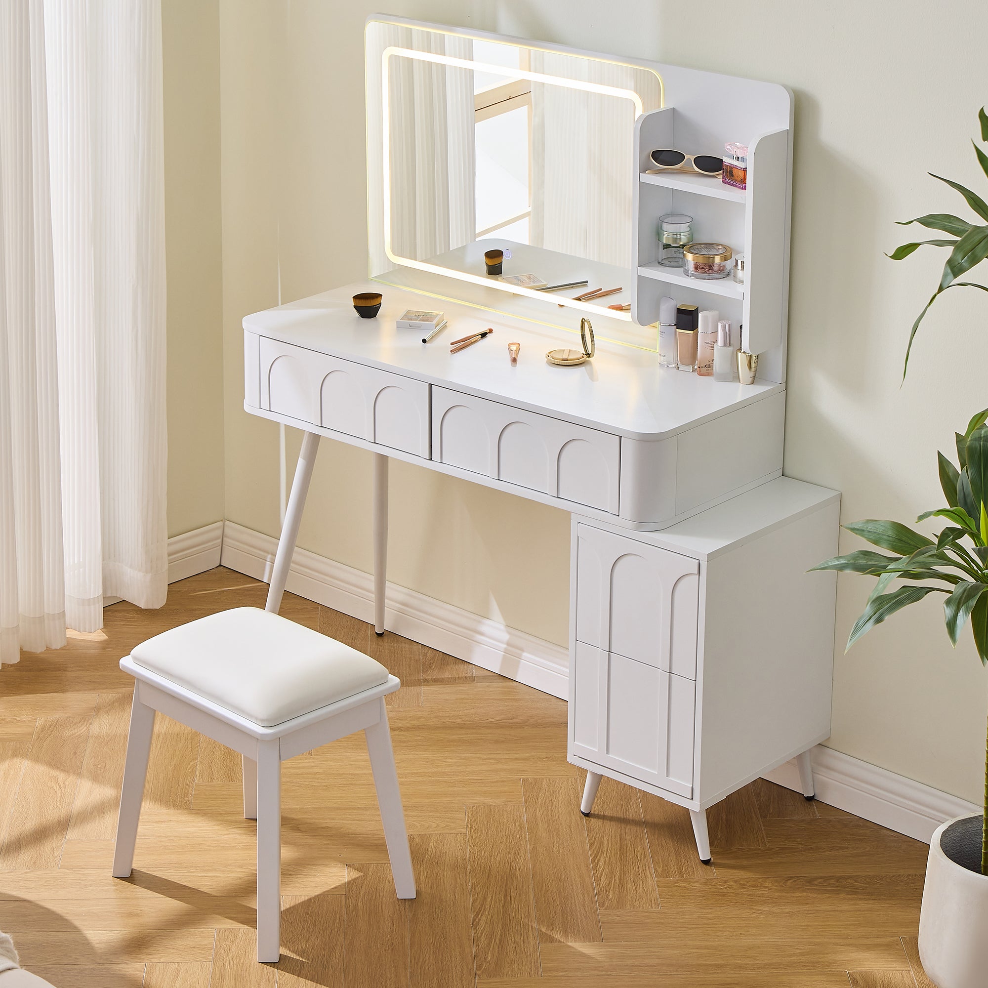Modern Makeup Vanity Desk with LED Lights & Mirror