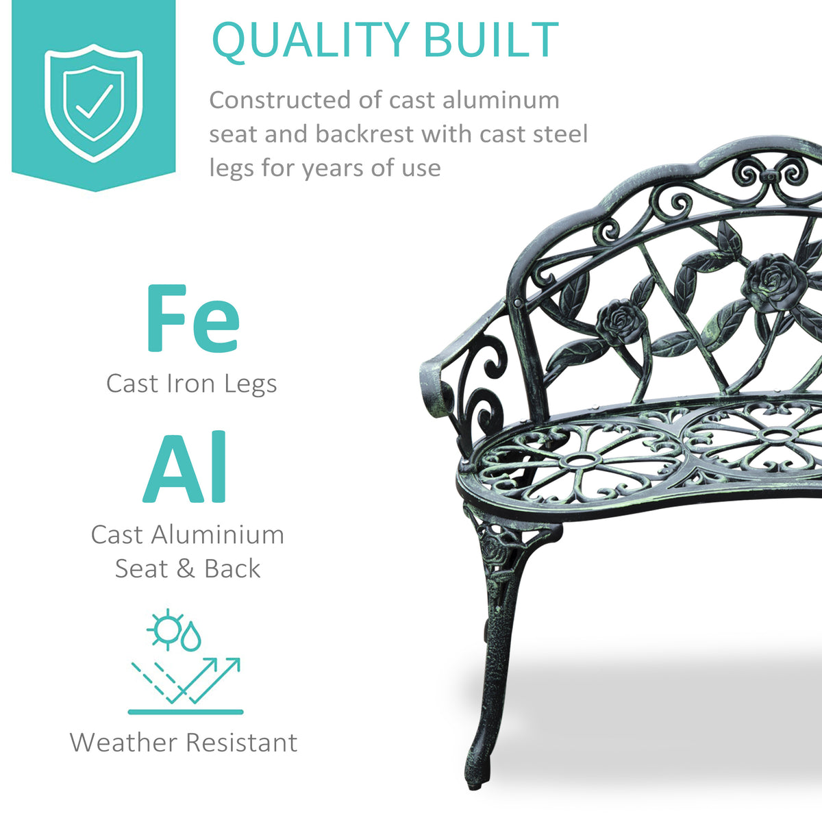 Outsunny Cast Aluminum Outdoor Bench, Green Antique Finish