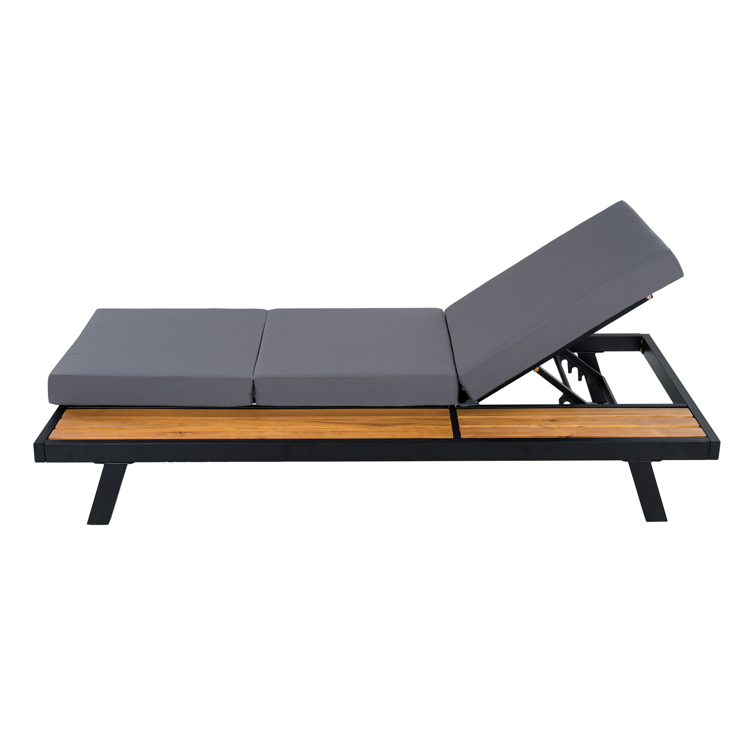 Black Iron + Teak Finish Chaise Lounge Set with Dark Grey Cushion