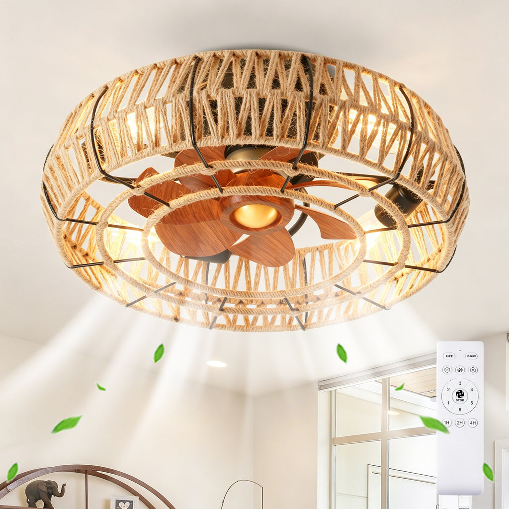20" Rope Caged Flush Mount Ceiling Fan with Light Kit