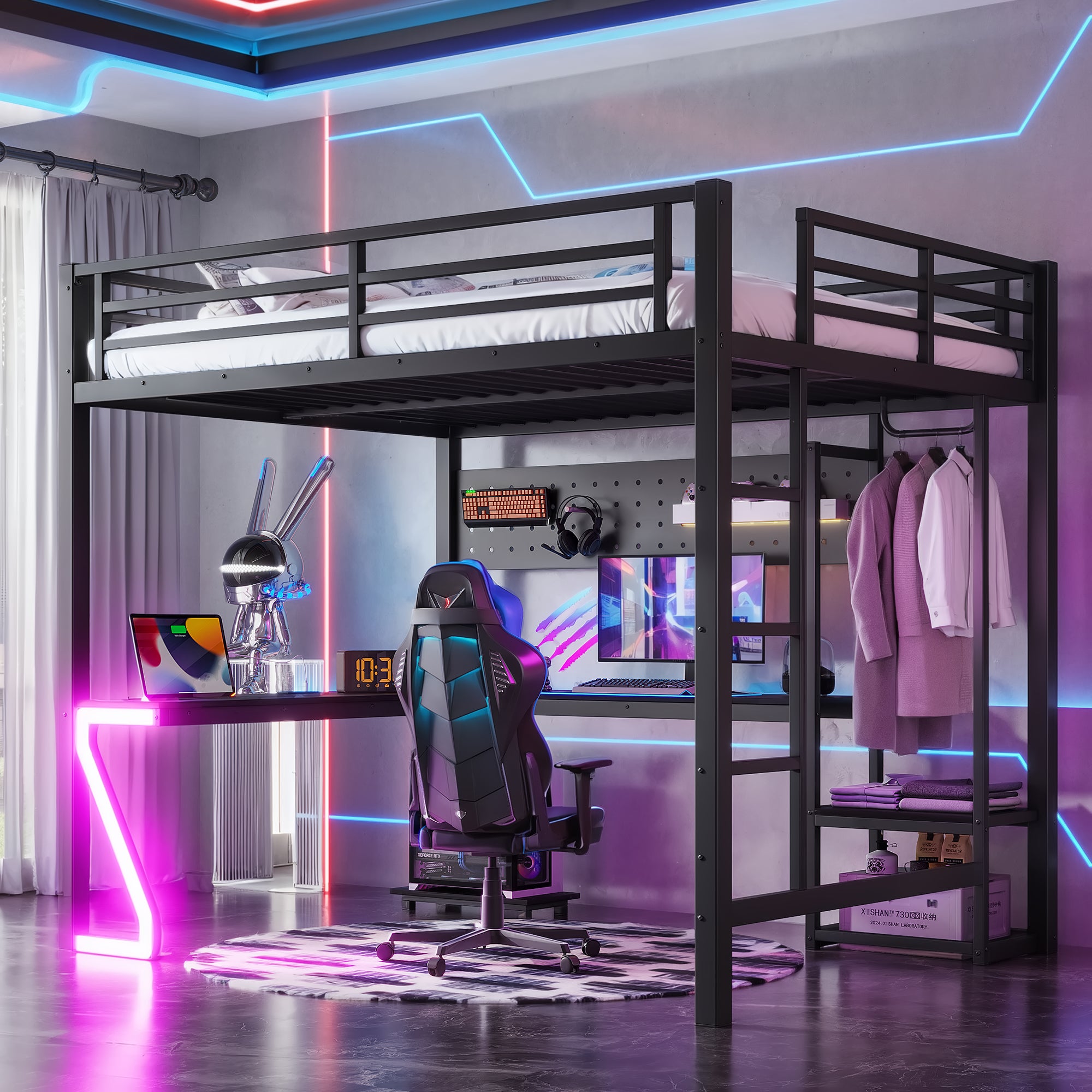 Queen Loft Bed with L-shaped Desk and USB Ports