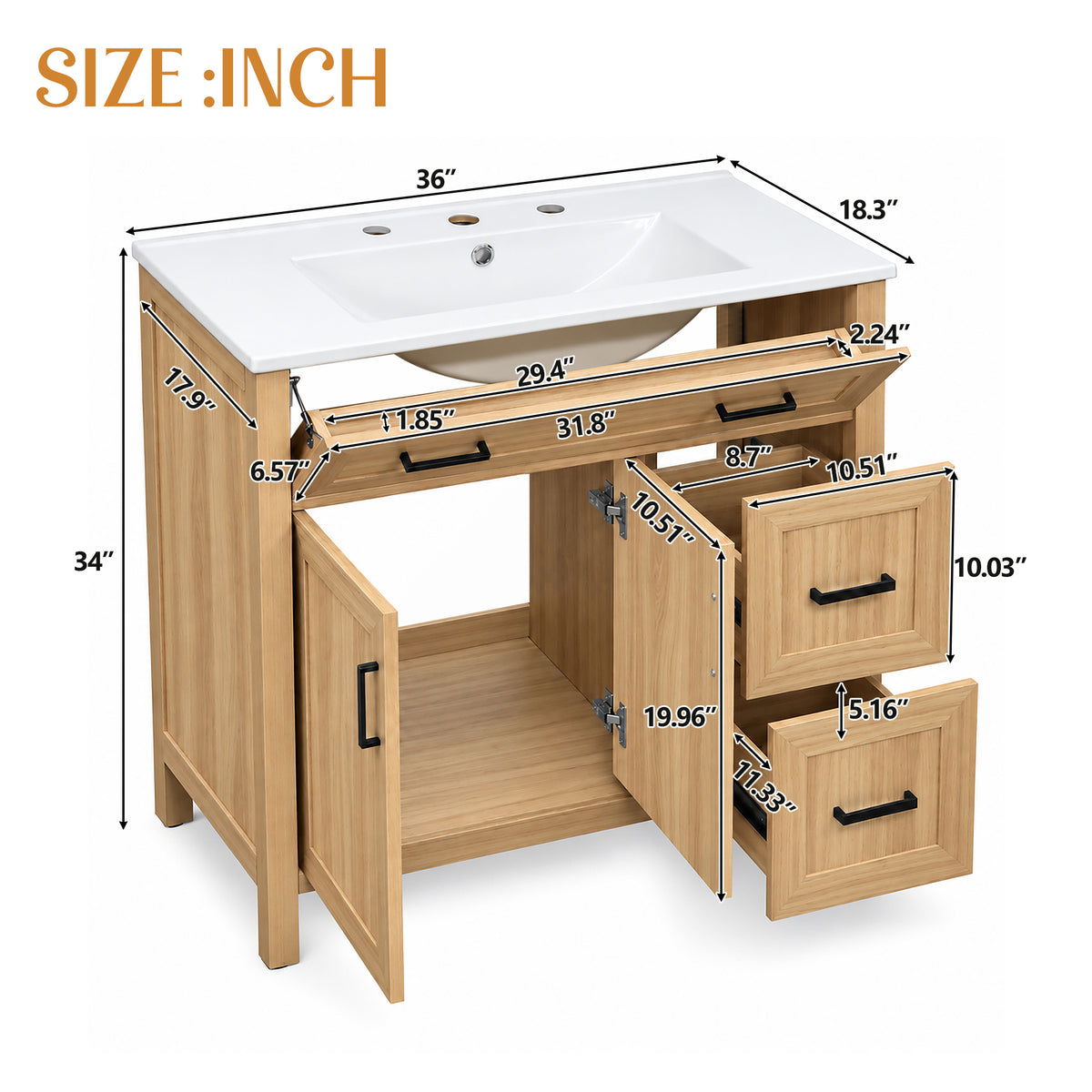 36-Inch Bathroom Vanity with Ceramic Sink, Soft-Close Doors and Drawers, Wood