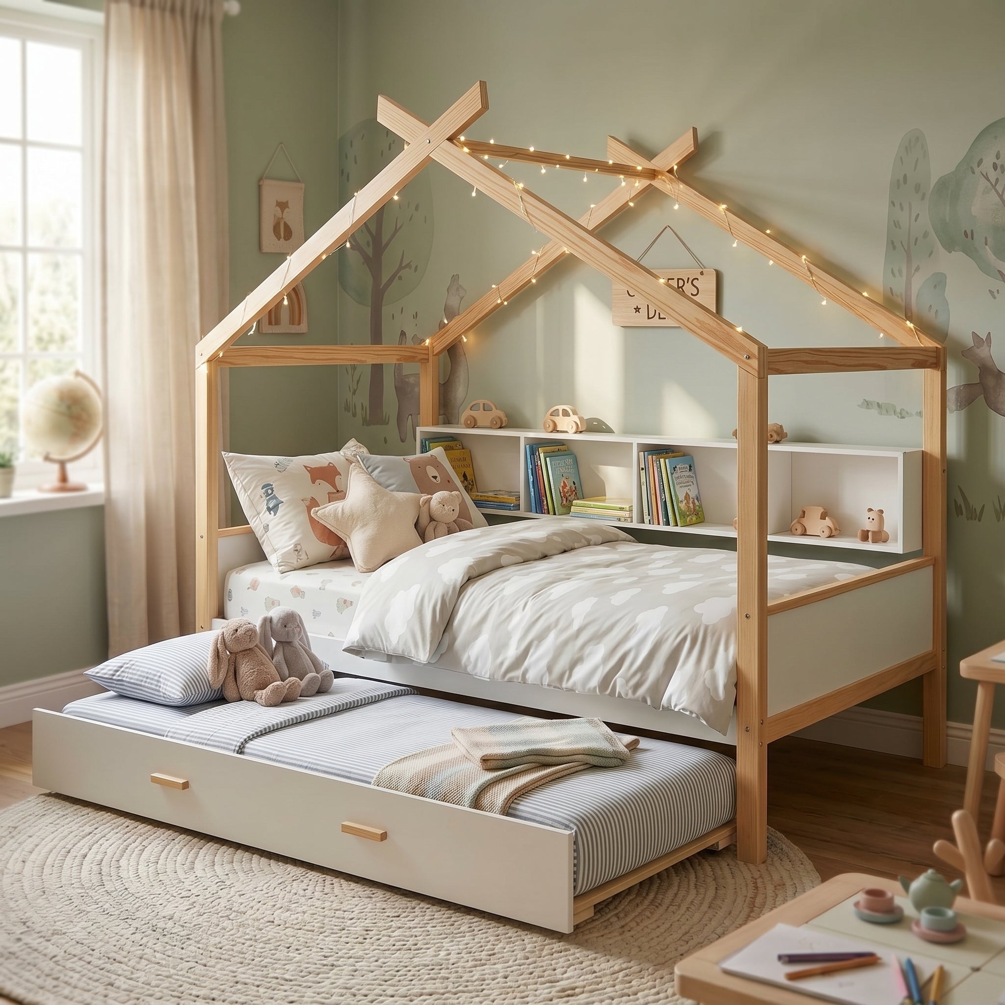 White Twin Size Wooden House Bed with Trundle and Bookshelf