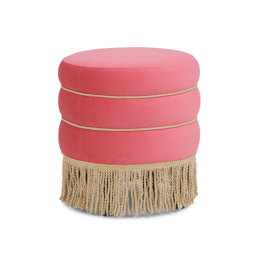 Edward Round Upholstered Ottoman, 17.5-Inch, Rose Pink Velvet with Bullion Fringe