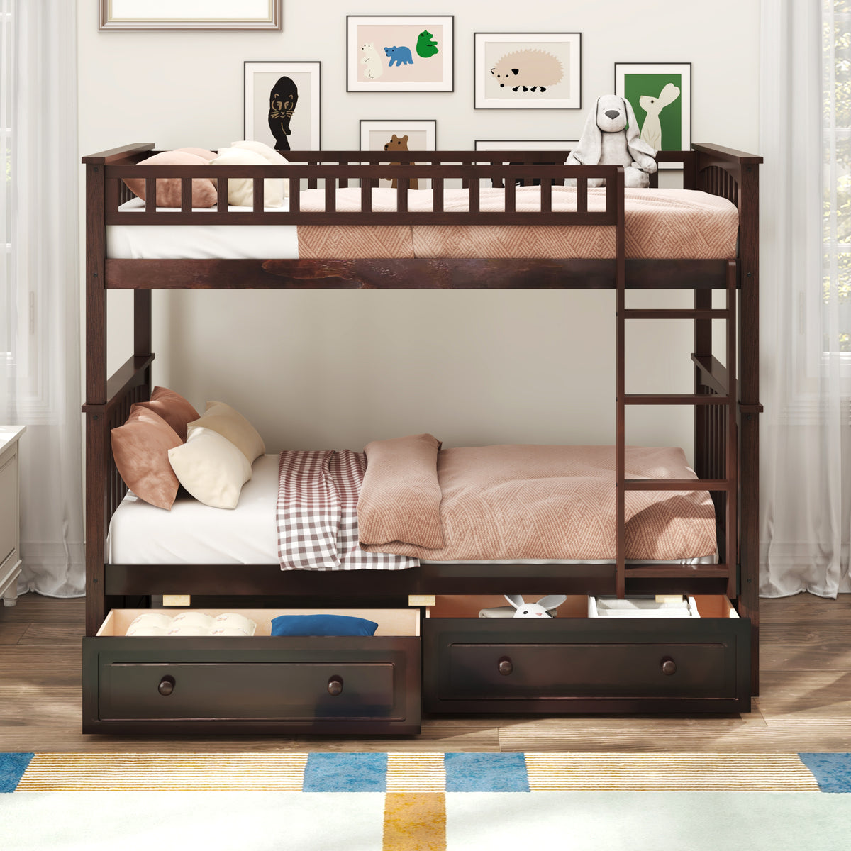 Twin Over Twin Bunk Bed with Drawers, Convertible Beds