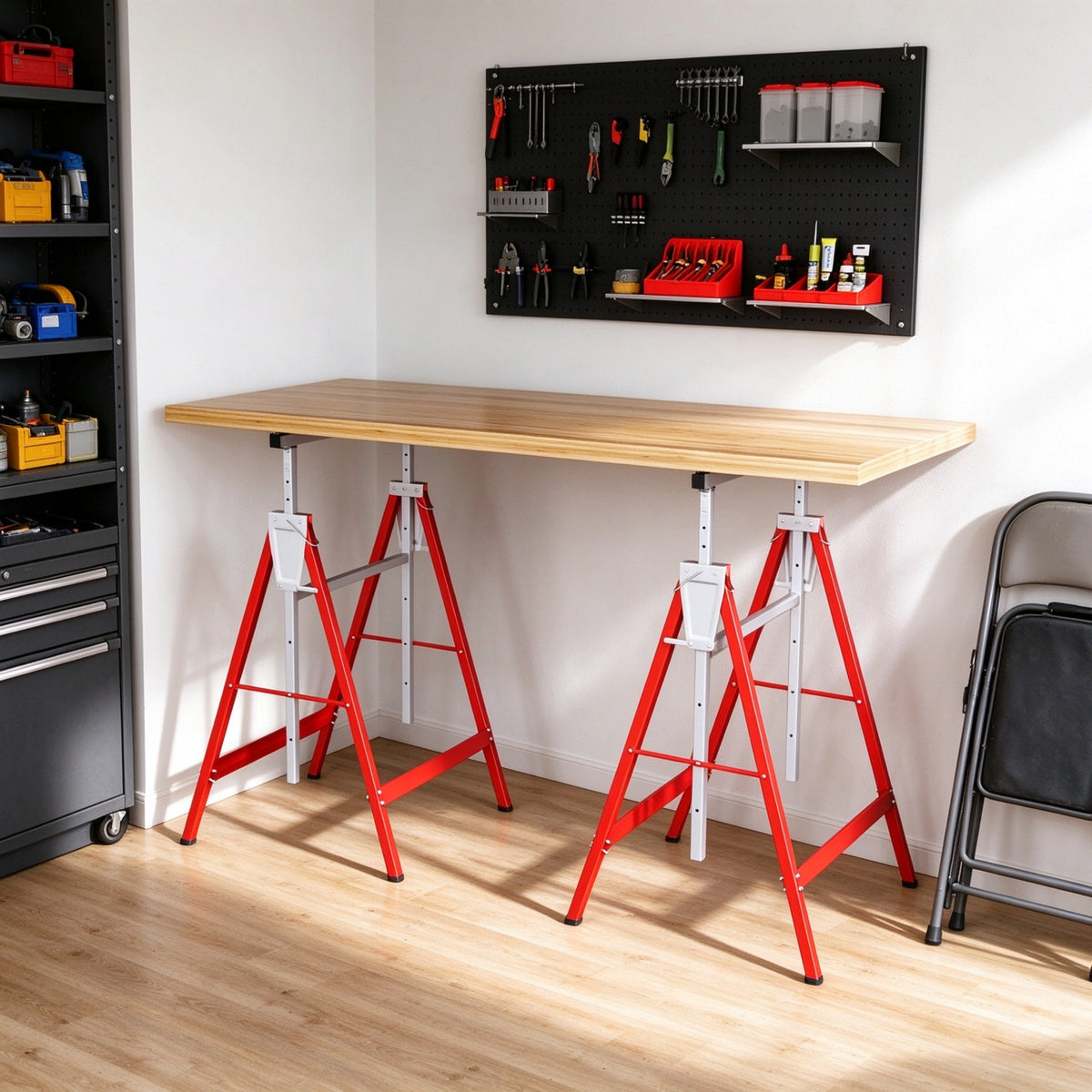 2-Pack Heavy-Duty Folding Sawhorse, Adjustable Height Steel Work Stand, Red
