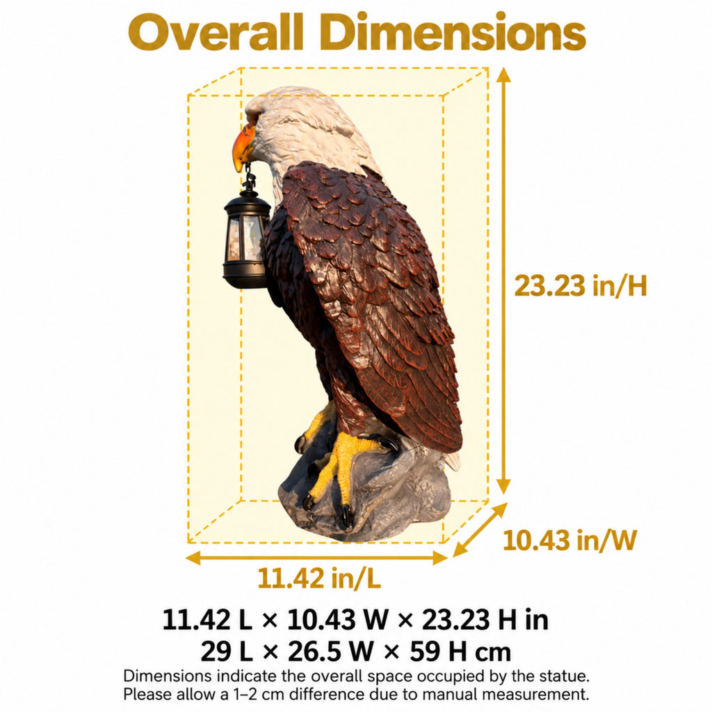 Solar Bald Eagle Garden Statue with Lantern, 23-Inch, Black Brown Resin