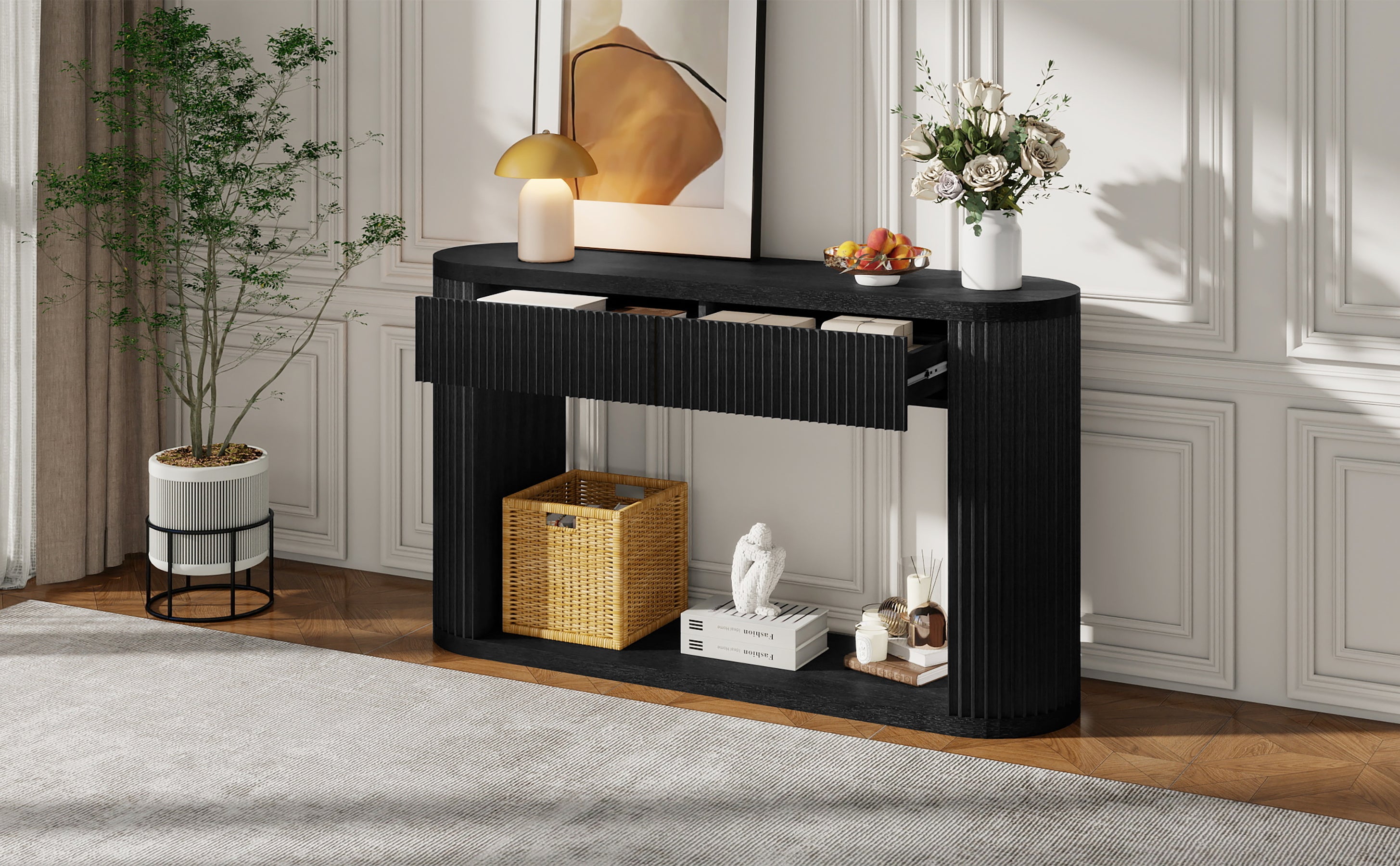 TREXM Oval Fluted Console Table with 2 Drawers and Bottom Shelf