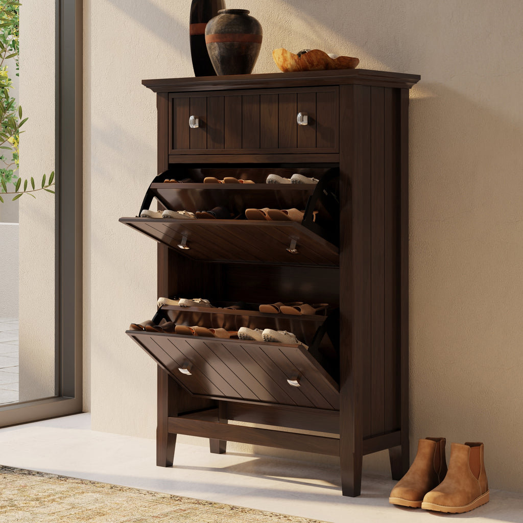 Acadian 32 Inch Wide Solid Wood Entryway Shoe Storage Cabinet in Brunette