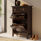 Acadian 32 Inch Wide Solid Wood Entryway Shoe Storage Cabinet in Brunette