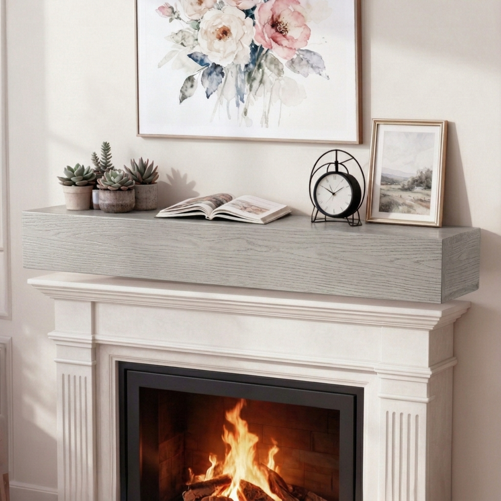60-Inch Rustic Embossed Wood Fireplace Mantel, Wall-Mounted Floating Shelf, Gray
