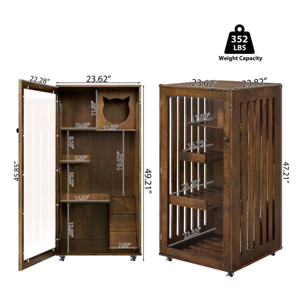 Basia Indoor Rubber Wood Cat Cabinet with Wheels