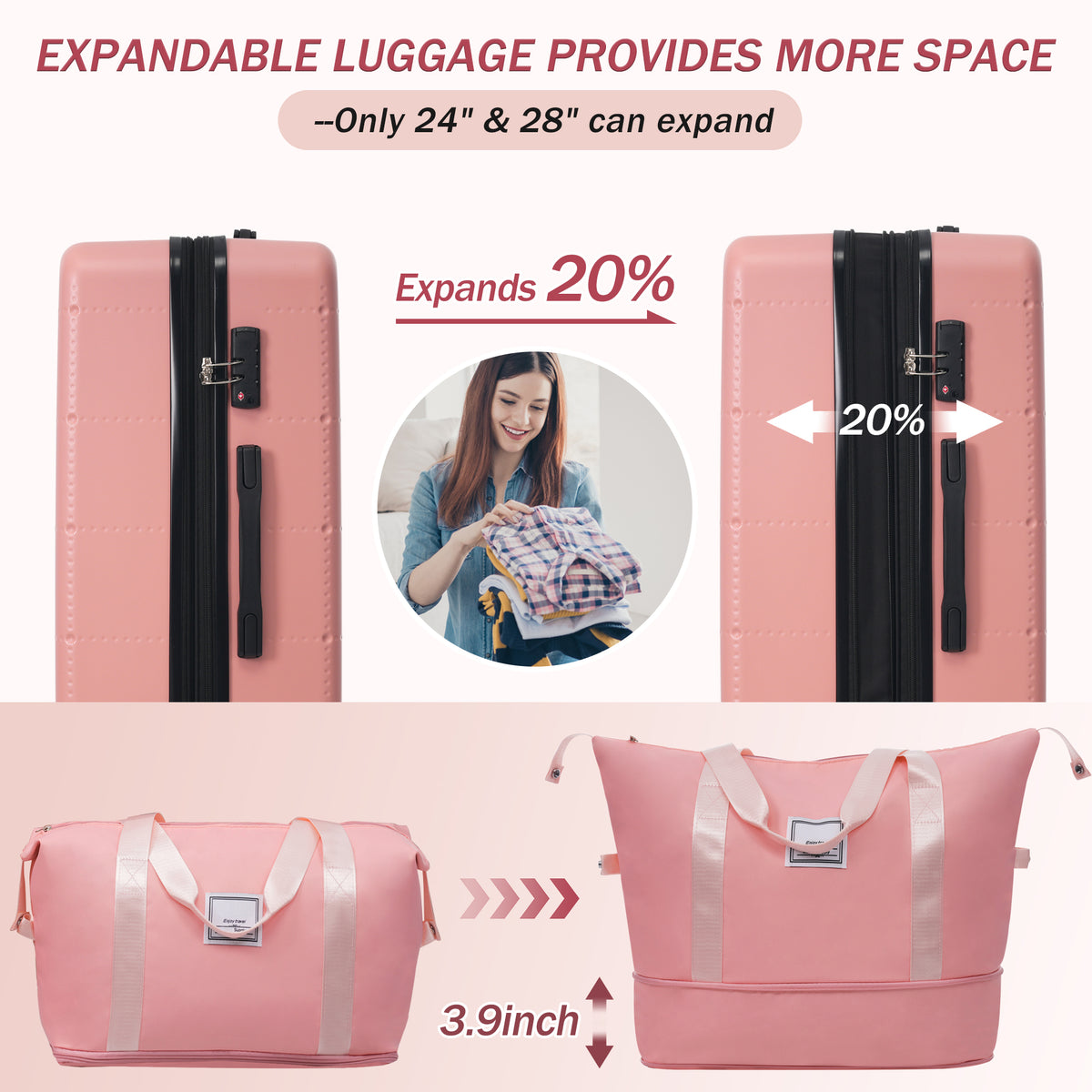 Hardside Luggage Set 5 Piece with Carry-On, 24-Inch and 28-Inch Expandable Suitcases, Light Pink