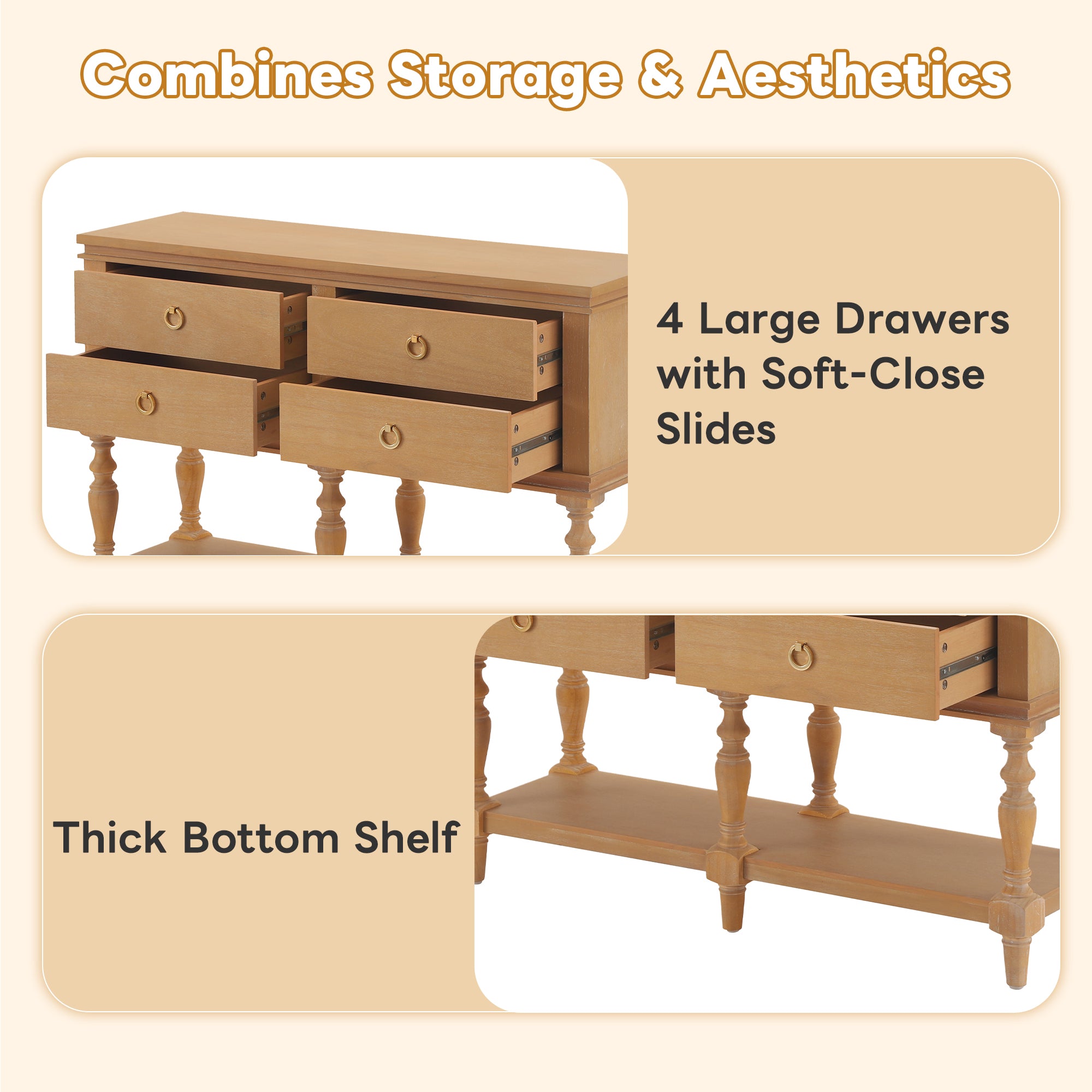 42" Vintage Console Table with 4 Soft-Close Drawers
