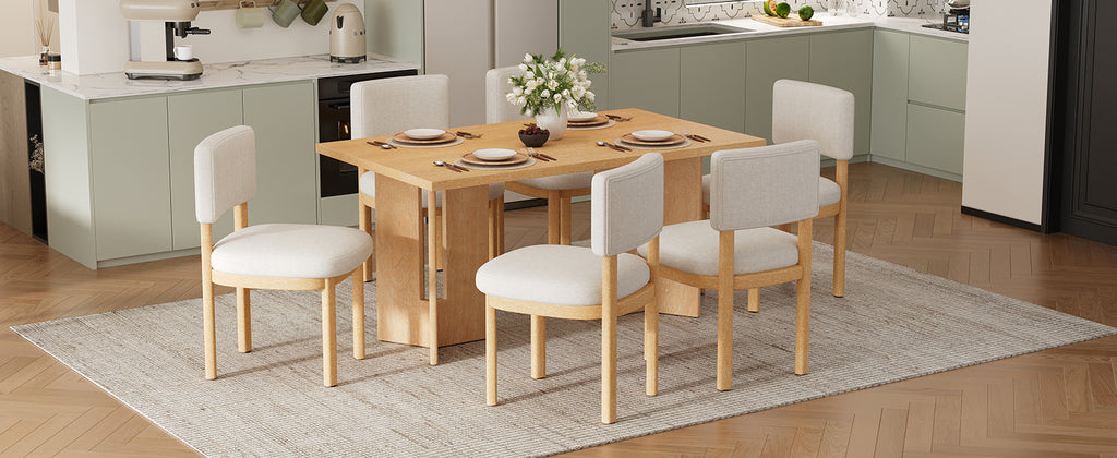 TREXM Farmhouse Wood Dining Table Set for 6 with Upholstered Chairs