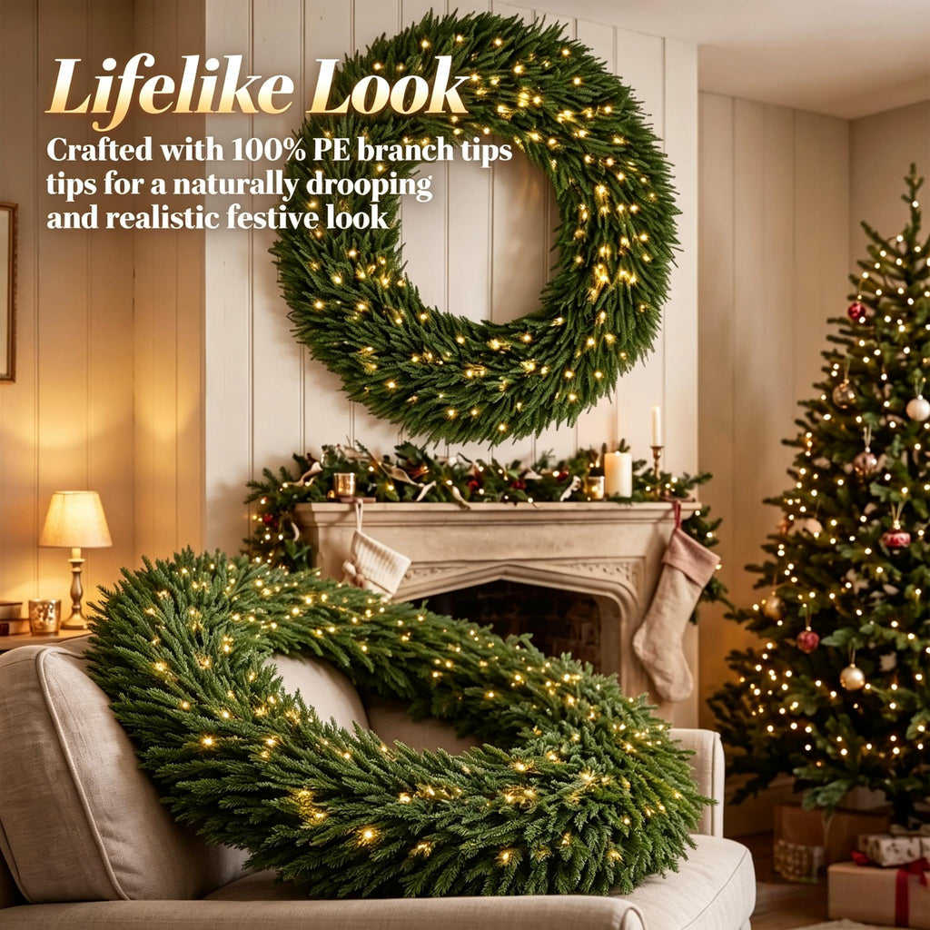 48 Inch Artificial Norfolk Pine Christmas Wreath, Pre-Lit with LED Lights