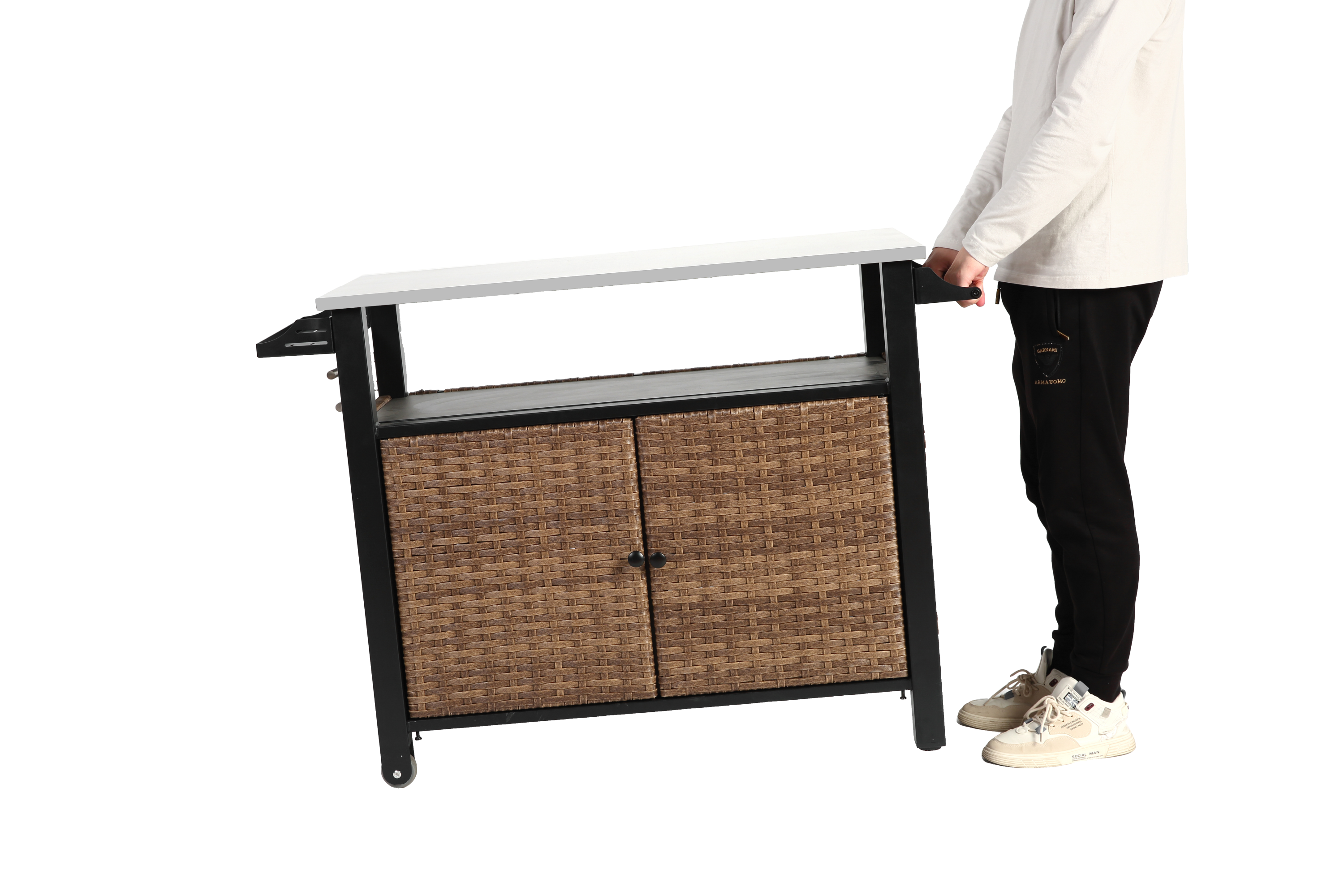 Outdoor Kitchen Wicker Island Rolling Cart & Storage Cabinet Brown
