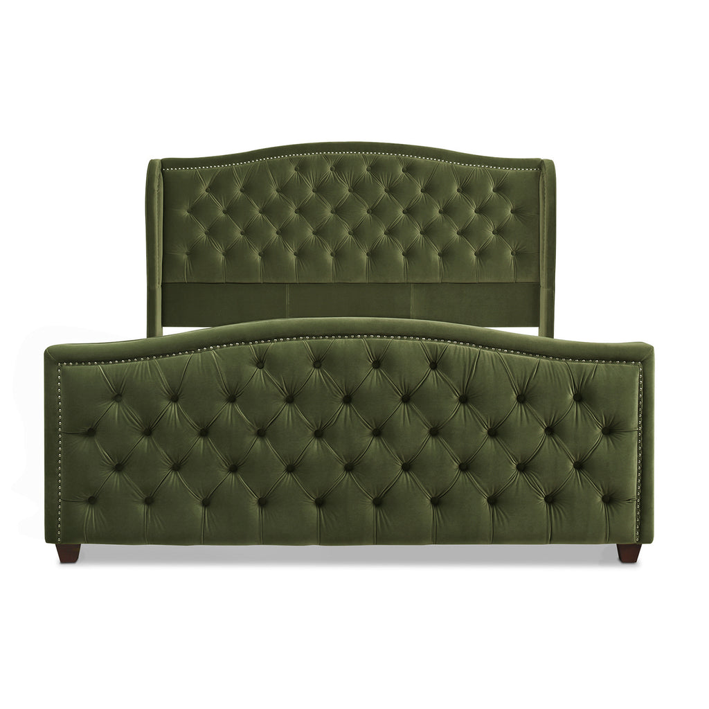Marcella Upholstered Shelter Headboard Bed Set, King, Olive