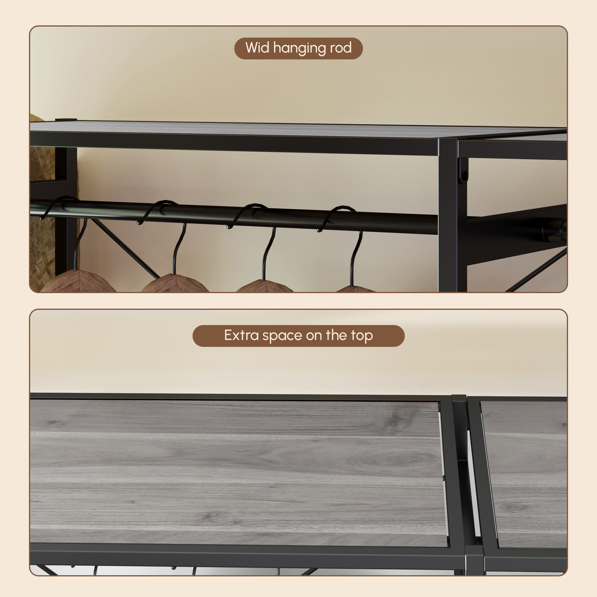 Acacia Wood Garment Racks with Shelves and Wicker Drawers