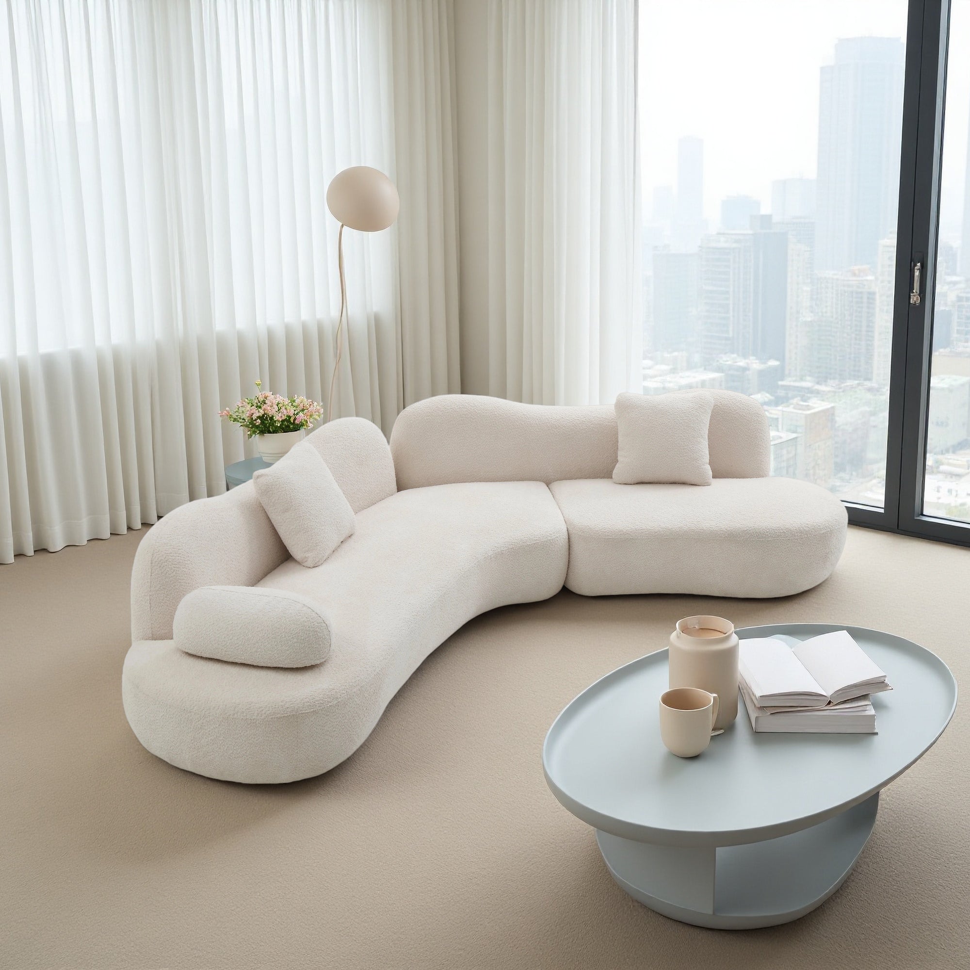 Modern Curved Modular Sofa, Boucle 5-Seater Sofa