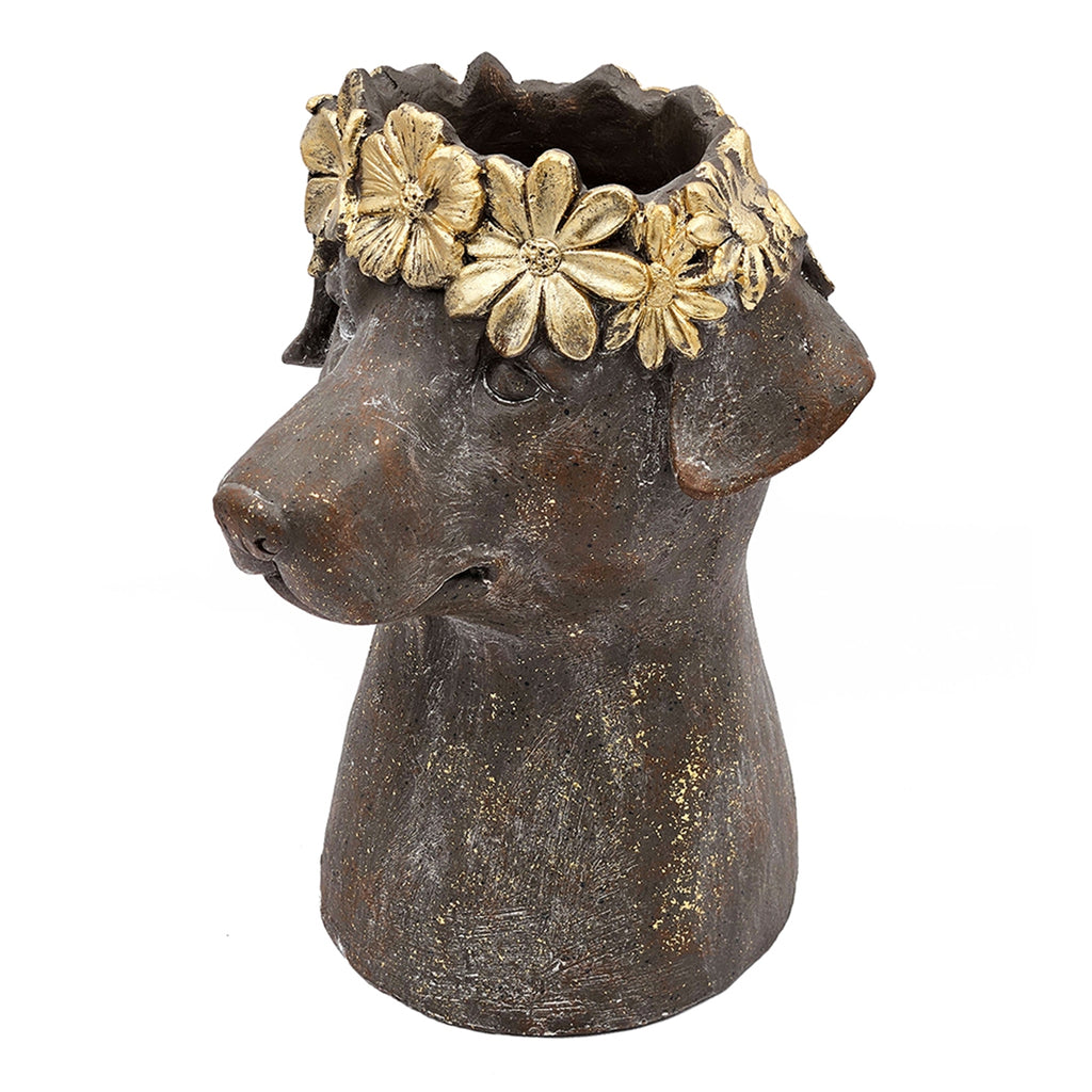 Magnesium Dog Statue Planter, 9.3 x 13 Inches, Brown with Gold Leaf Crown