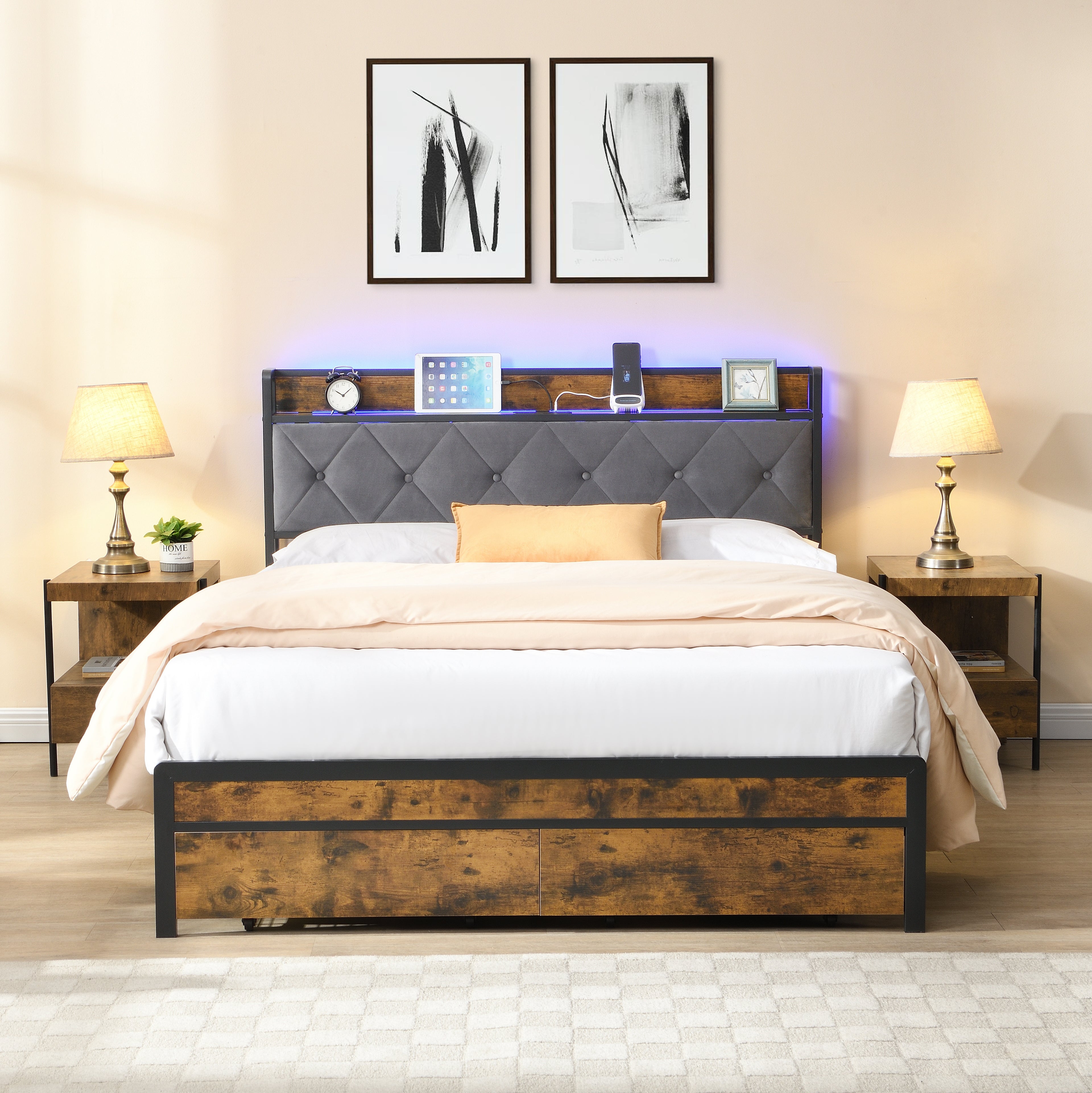 King Bed Frame with Storage and LED Lights