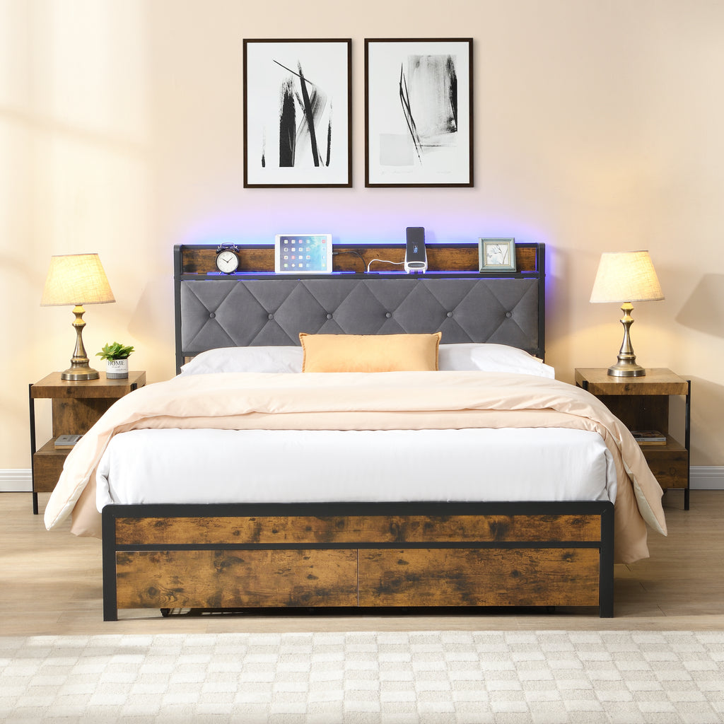 Queen Bed Frame with Storage and LED Lights