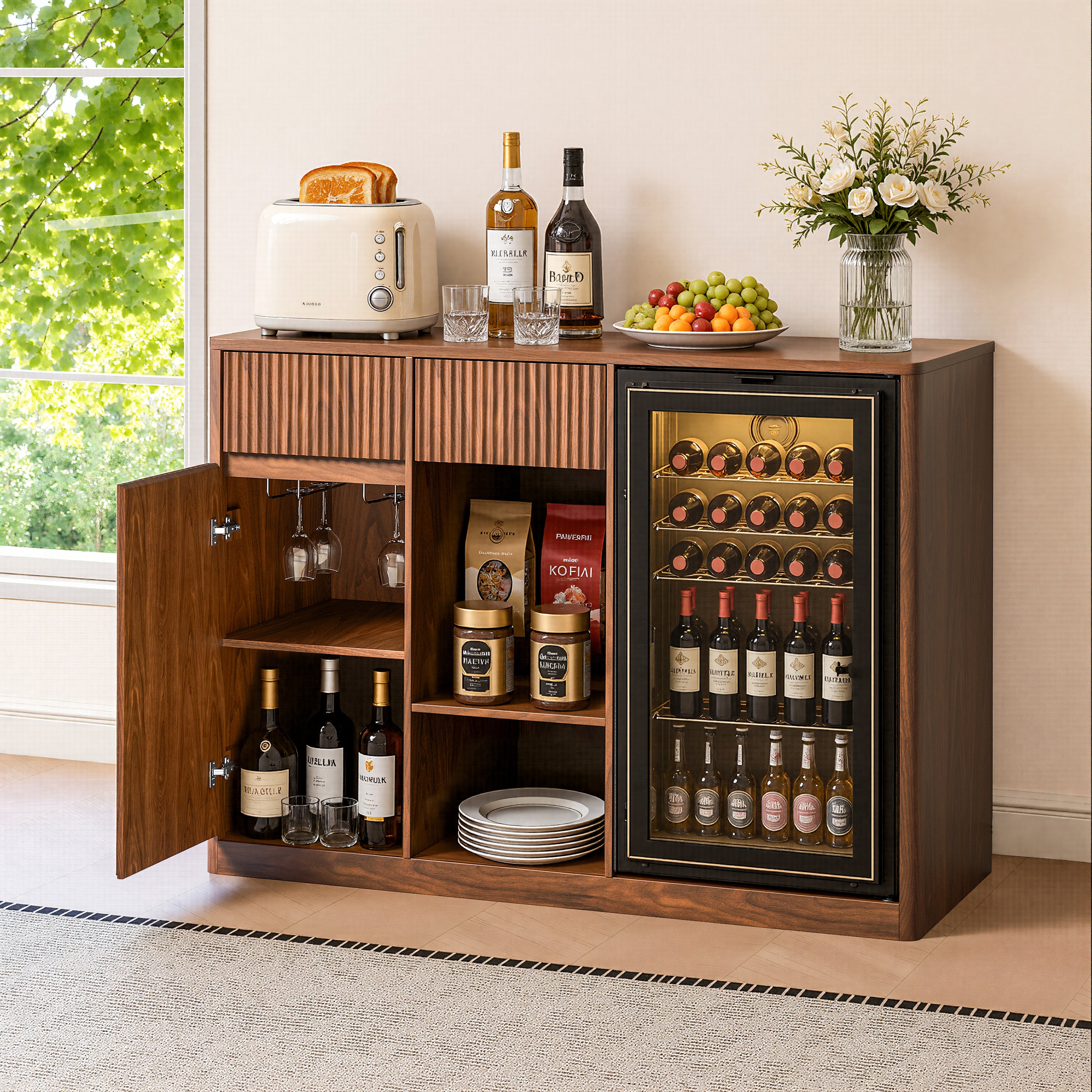 51" Fluted Bar Cabinet with Fridge Space