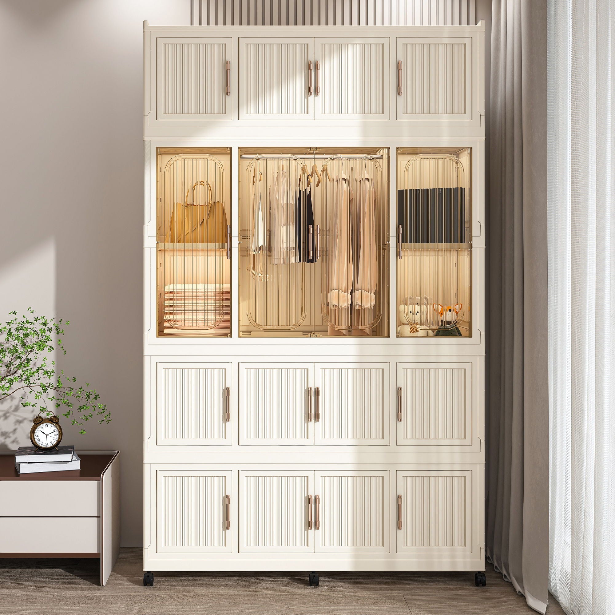 Portable Wardrobe Closet Storage Organizer With 17 Magnetic Doors, 17 Cubes, Hanging Rod & 6 Hangers - Creamy White