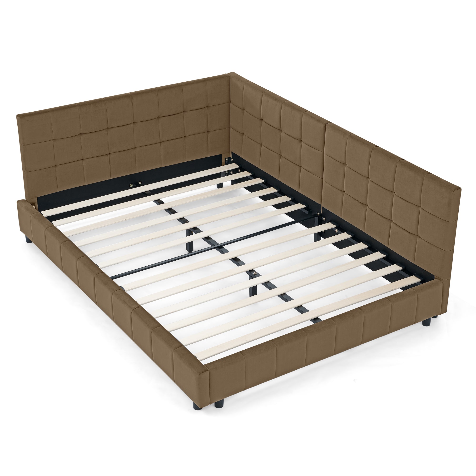 Full Size Upholstered Tufted Bed Frame in Brown Velvet