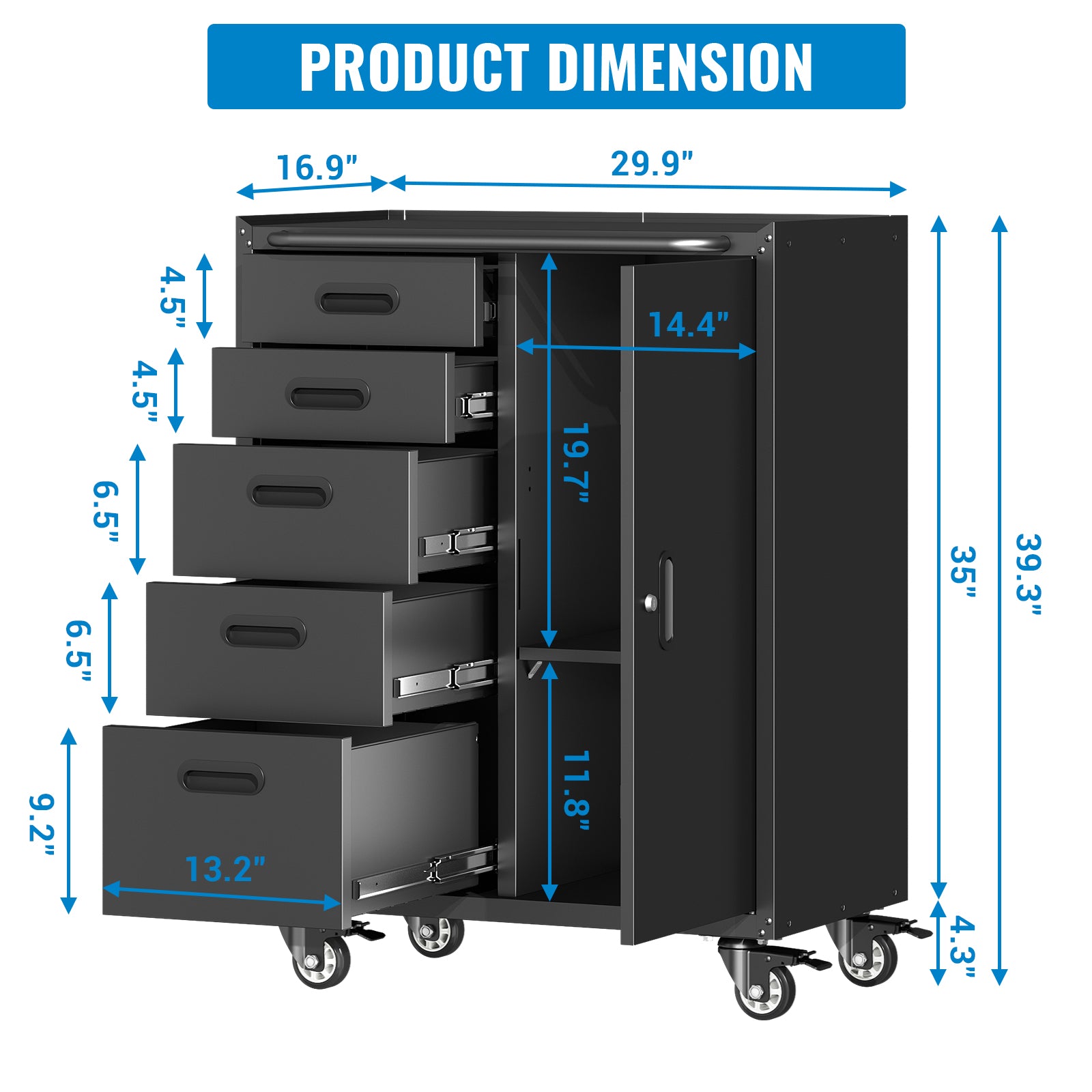 Metal Tool Garage Storage Cabinet with 5 Drawers and 1 Door
