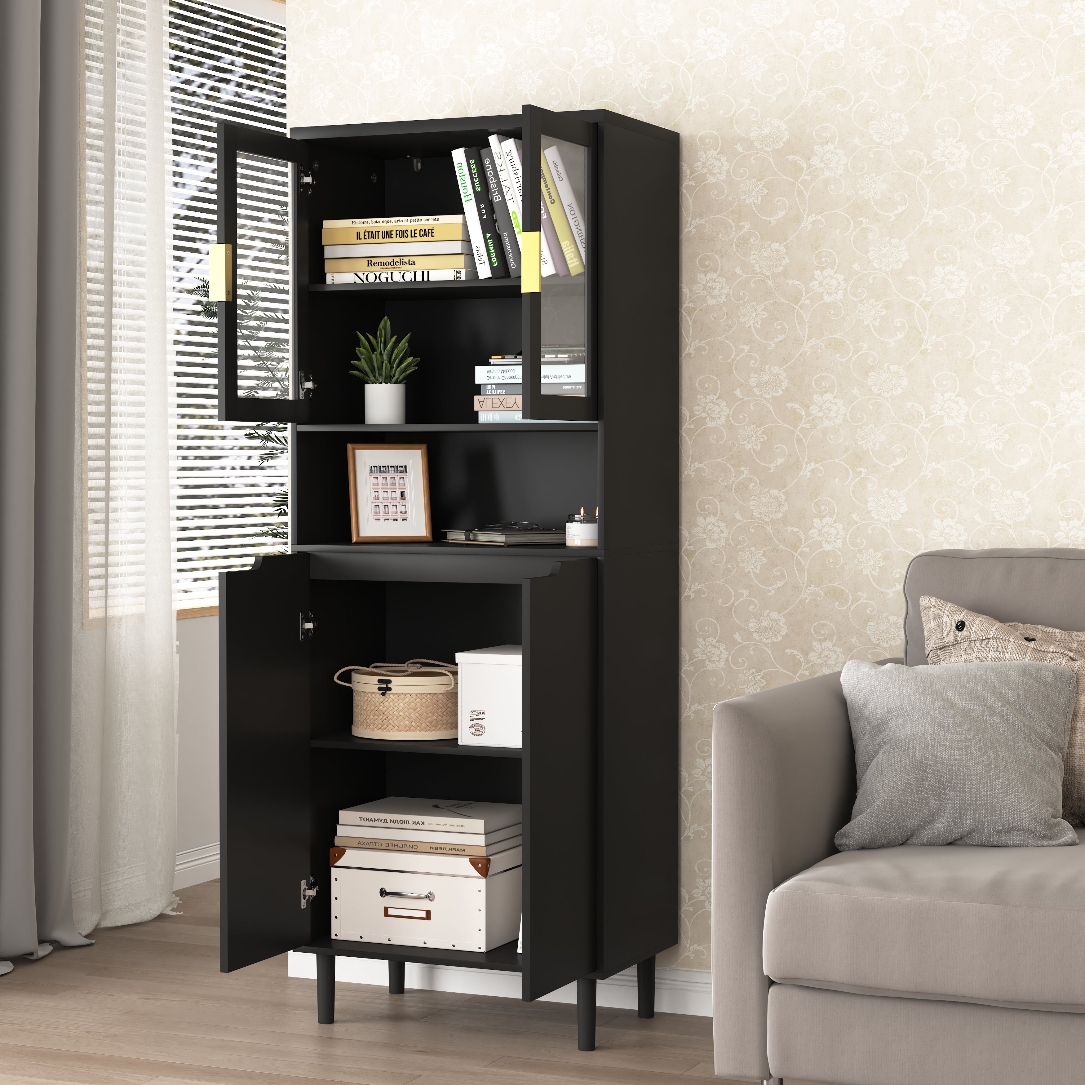 Tempered Glass Door Tall Storage Bookcase