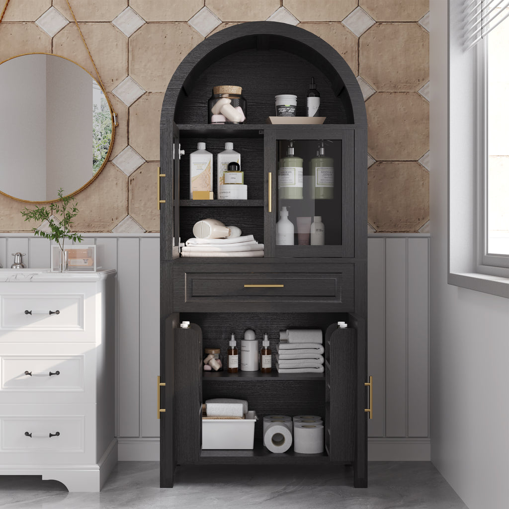 71-Inch Arched Kitchen Pantry Cabinet with Glass Barn Door, Black