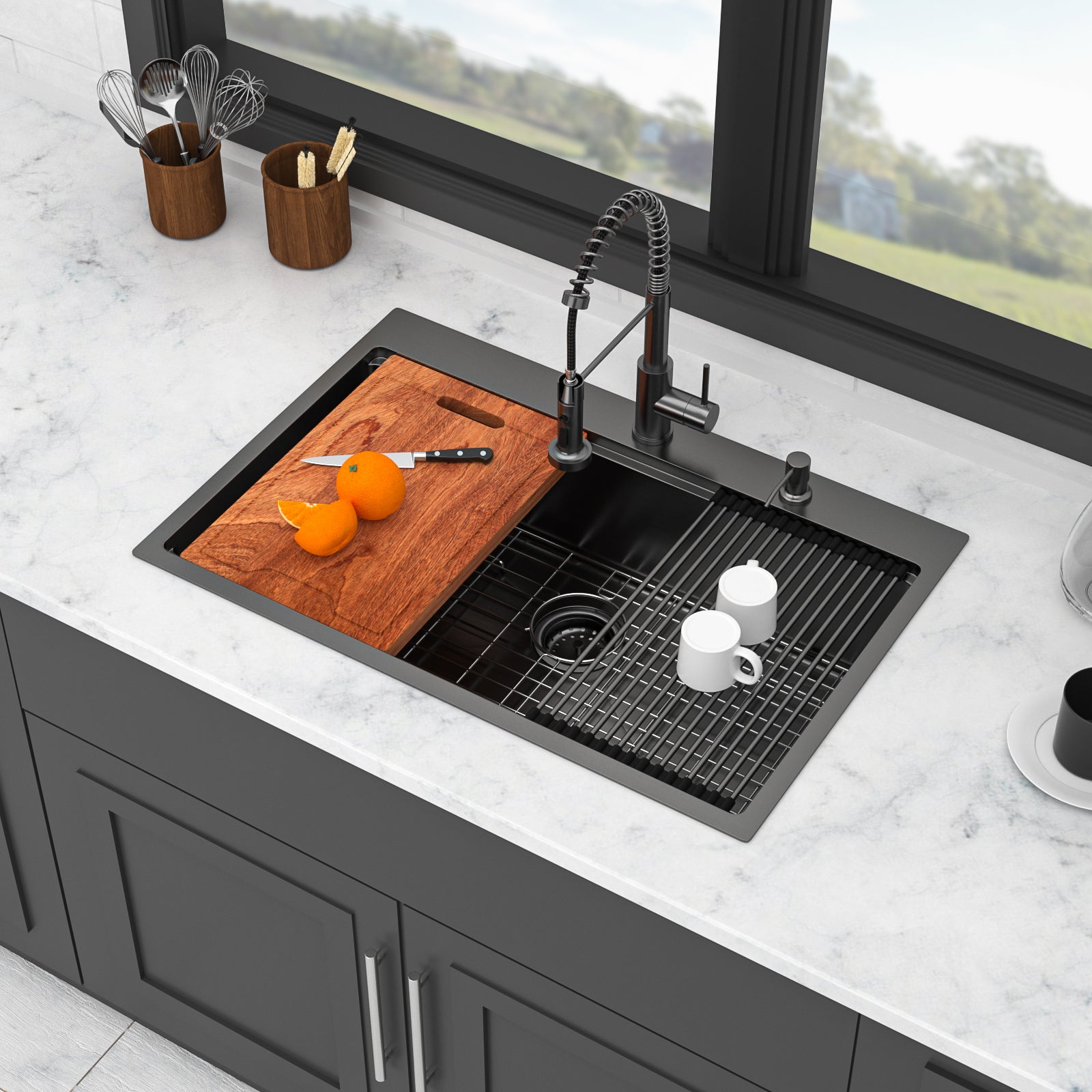 33" Drop-in Workstation Gunmetal Kitchen Sink
